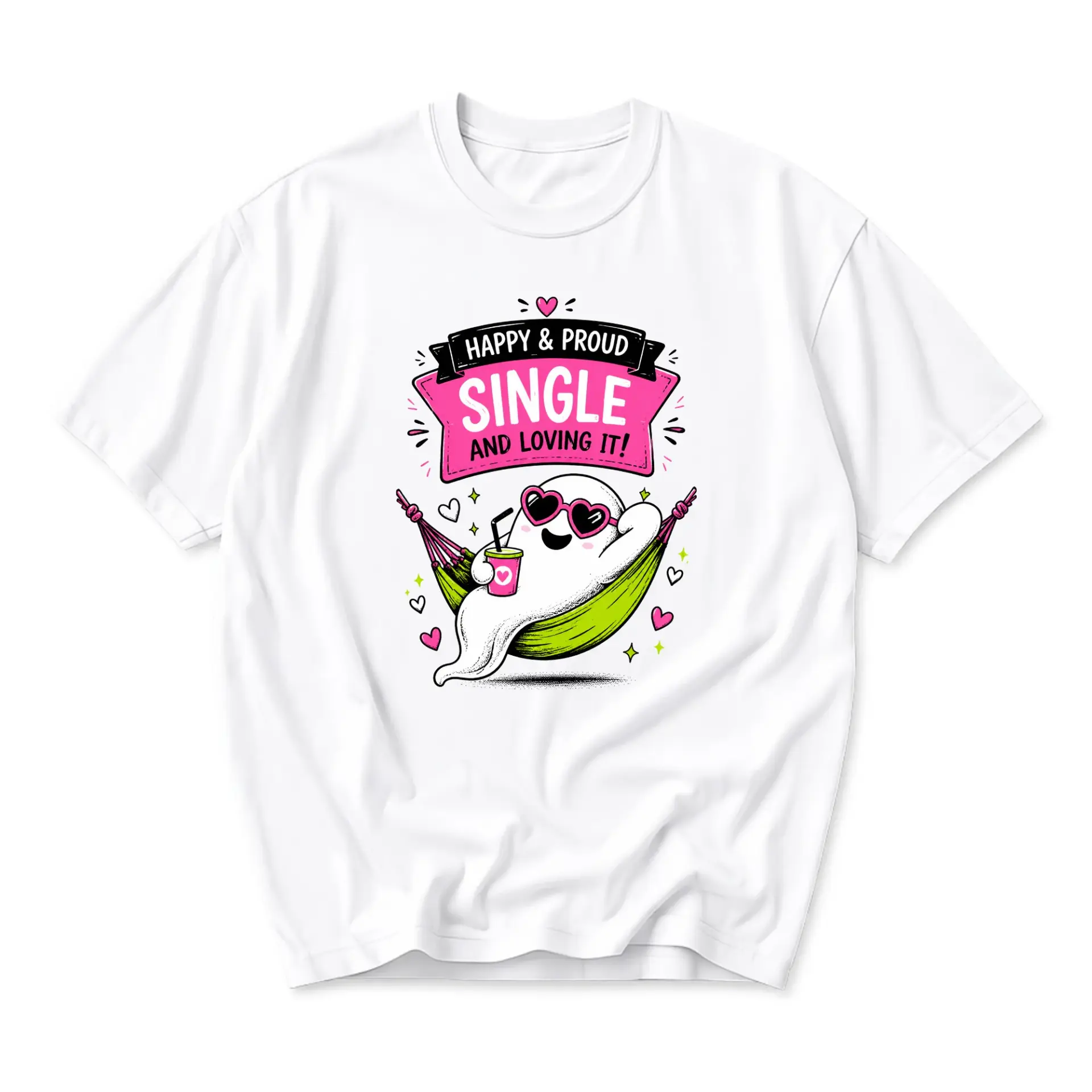 Funny Shirt Happy and Proud Single Loving It Graphic Tee Relaxing Ghost