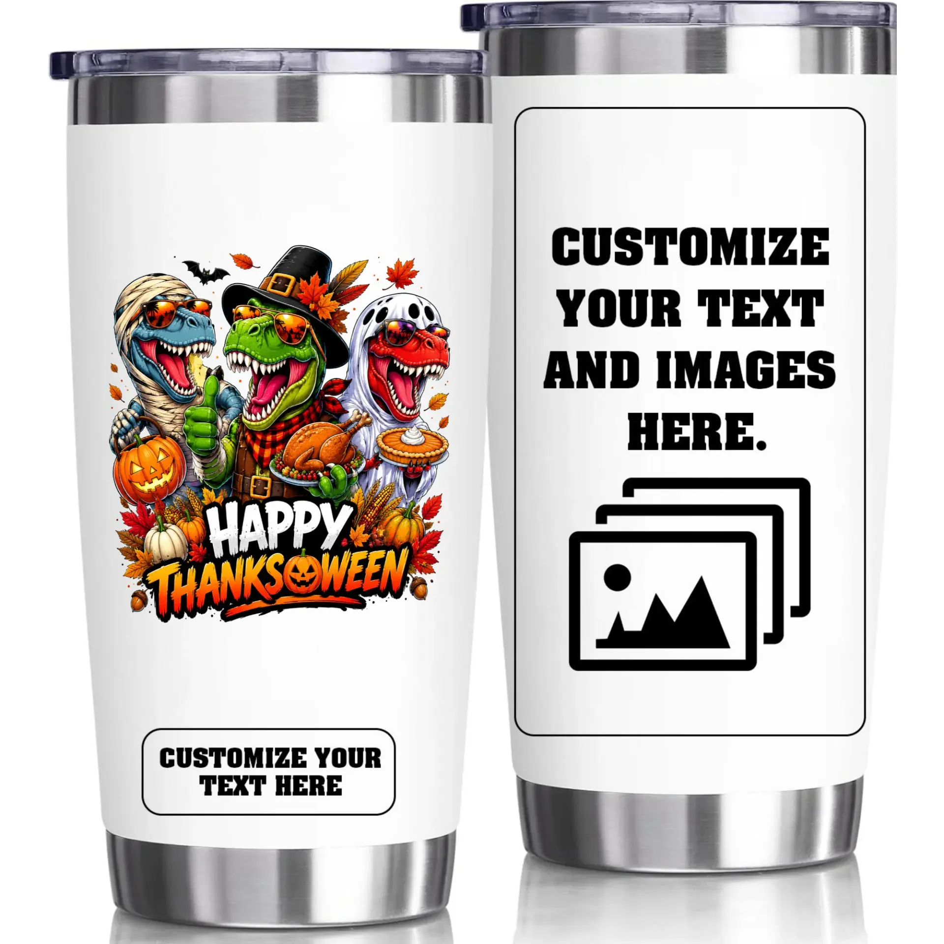 Stainless Steel Tumbler Happy Thanksween Dinosaur Design 20oz Insulated Travel Cup for Hot and Cold Beverages