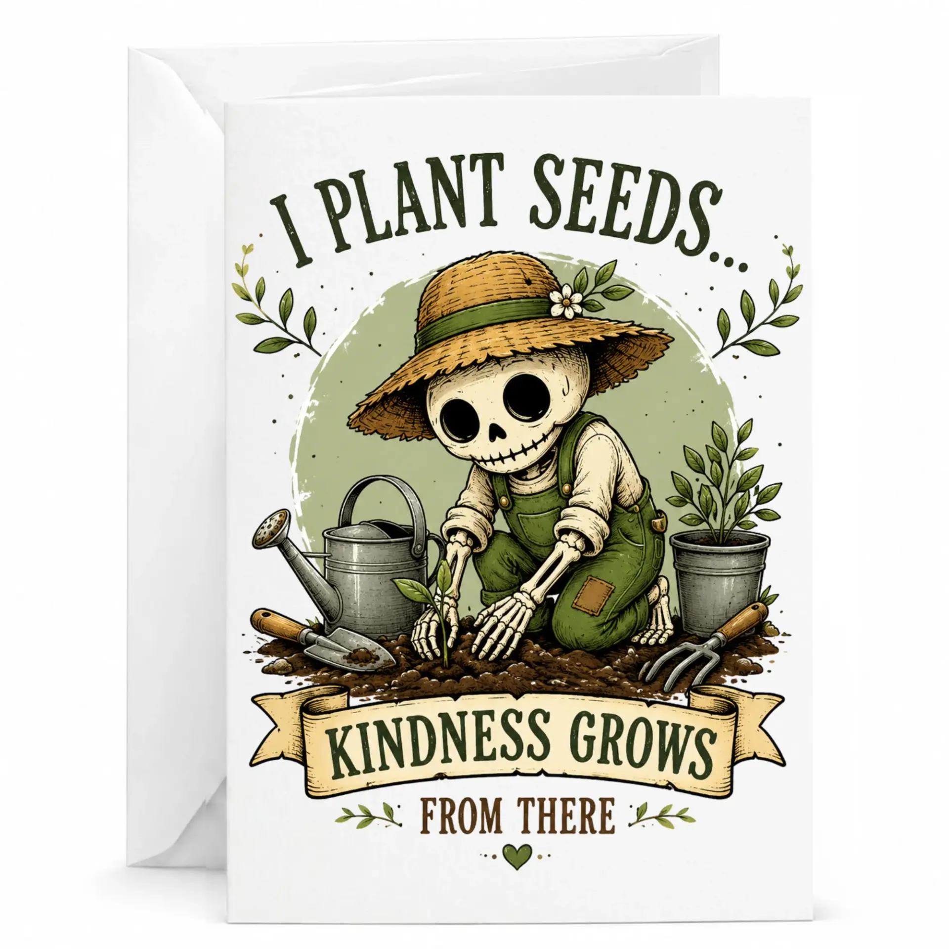 Greeting Card I Plant Kindness Grows from There Funny Skeleton Gardener Art Note for Gardening Enthusiasts