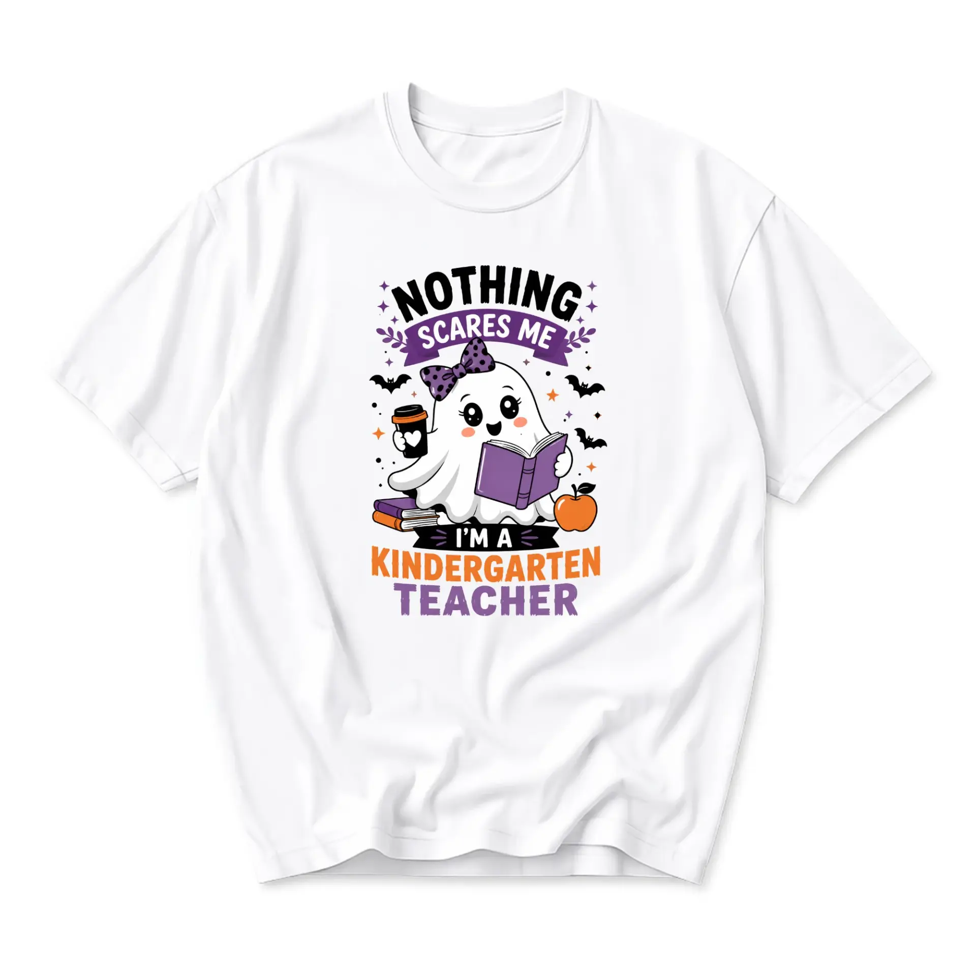 Funny Shirt Nothing Scares Me I Am a Kindergarten Teacher Ghost Graphic Tee Unisex Crew Neck Casual Cotton Blend Top