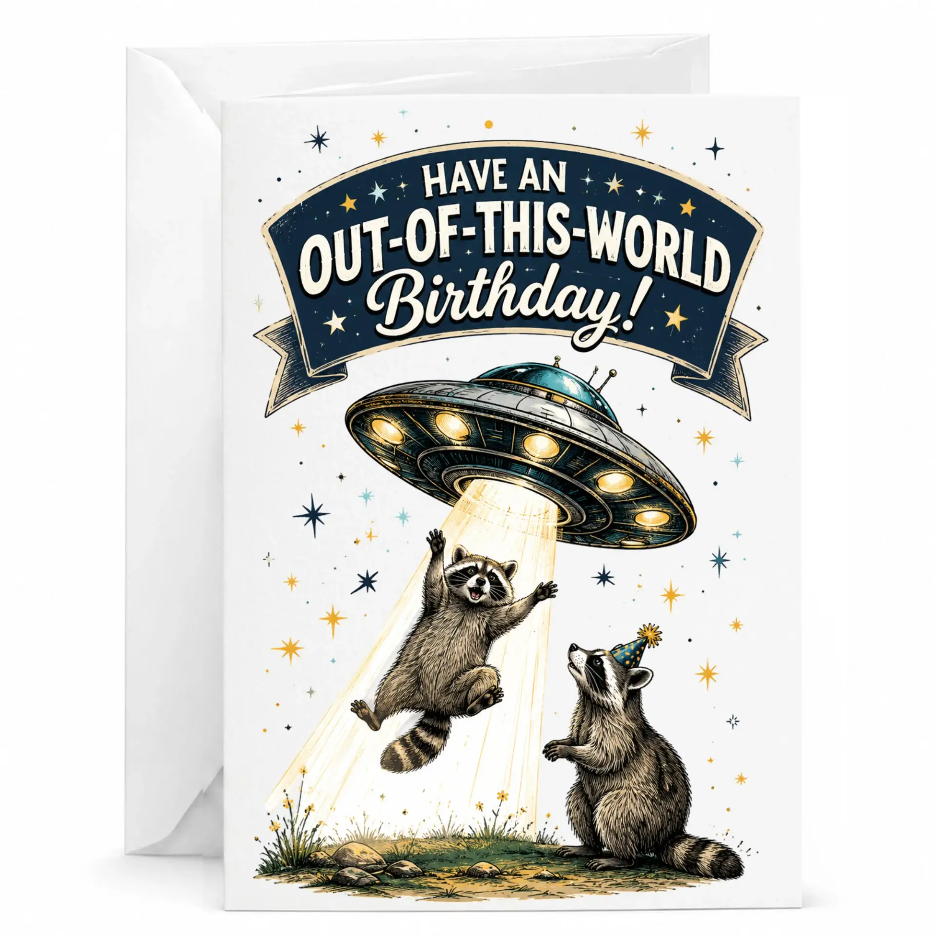Birthday Card Funny Raccoon Illustration Out of This World Theme Greeting with Matching Envelope