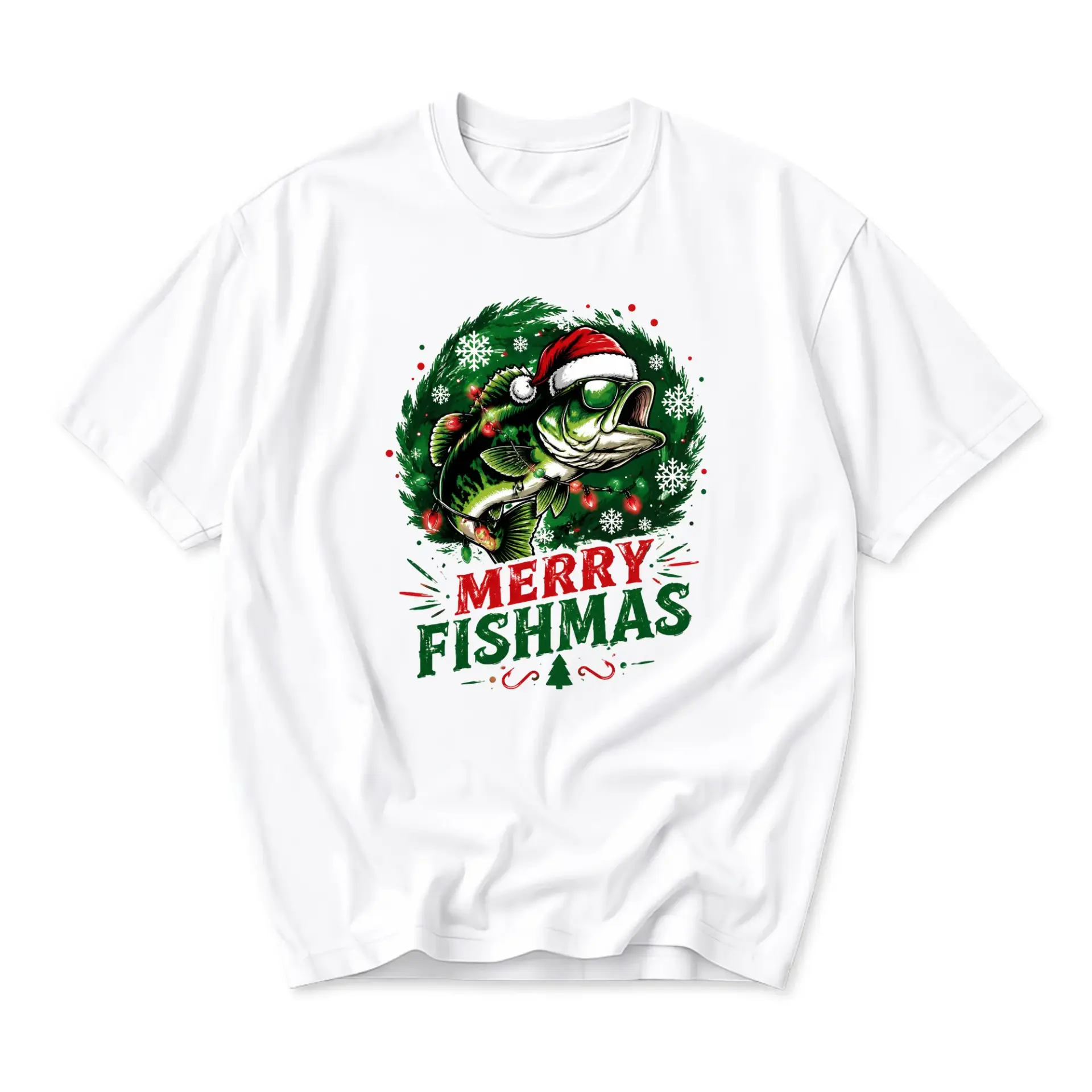 Funny Shirt Merry Fishmas Bass Fishing Holiday Graphic Tee Casual Unisex Crew Neck Short Sleeve Cotton Apparel
