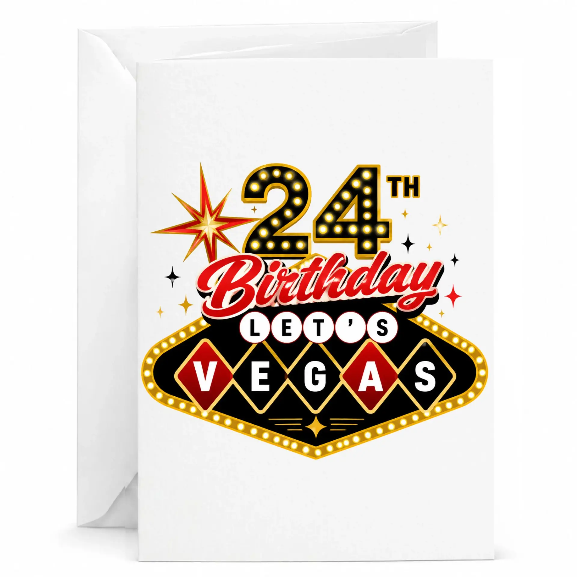 Birthday Card 24th Birthday Let's Vegas Design Funny Celebration Greeting Card for Milestone Age with Envelope