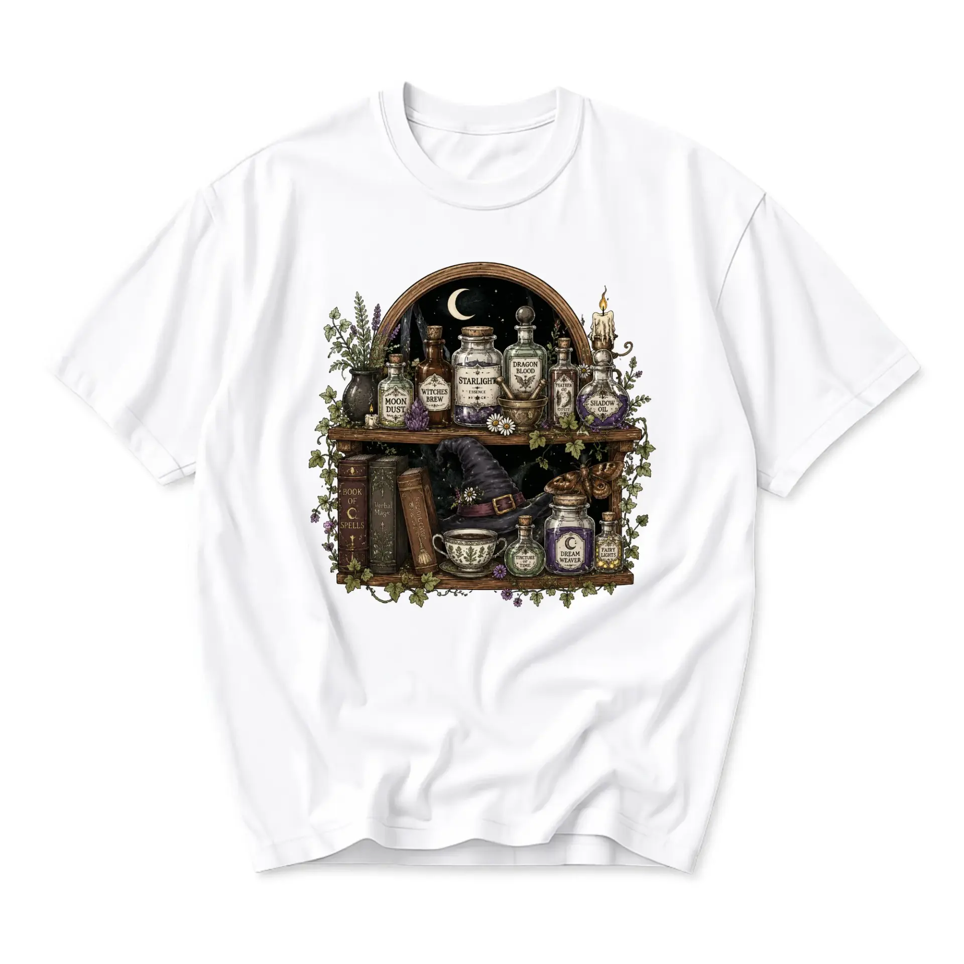 Graphic Tee Witchy Shelf Illustration Mystical Potion Bottles and Old Books Print Unisex Casual Crew Neck T-Shirt