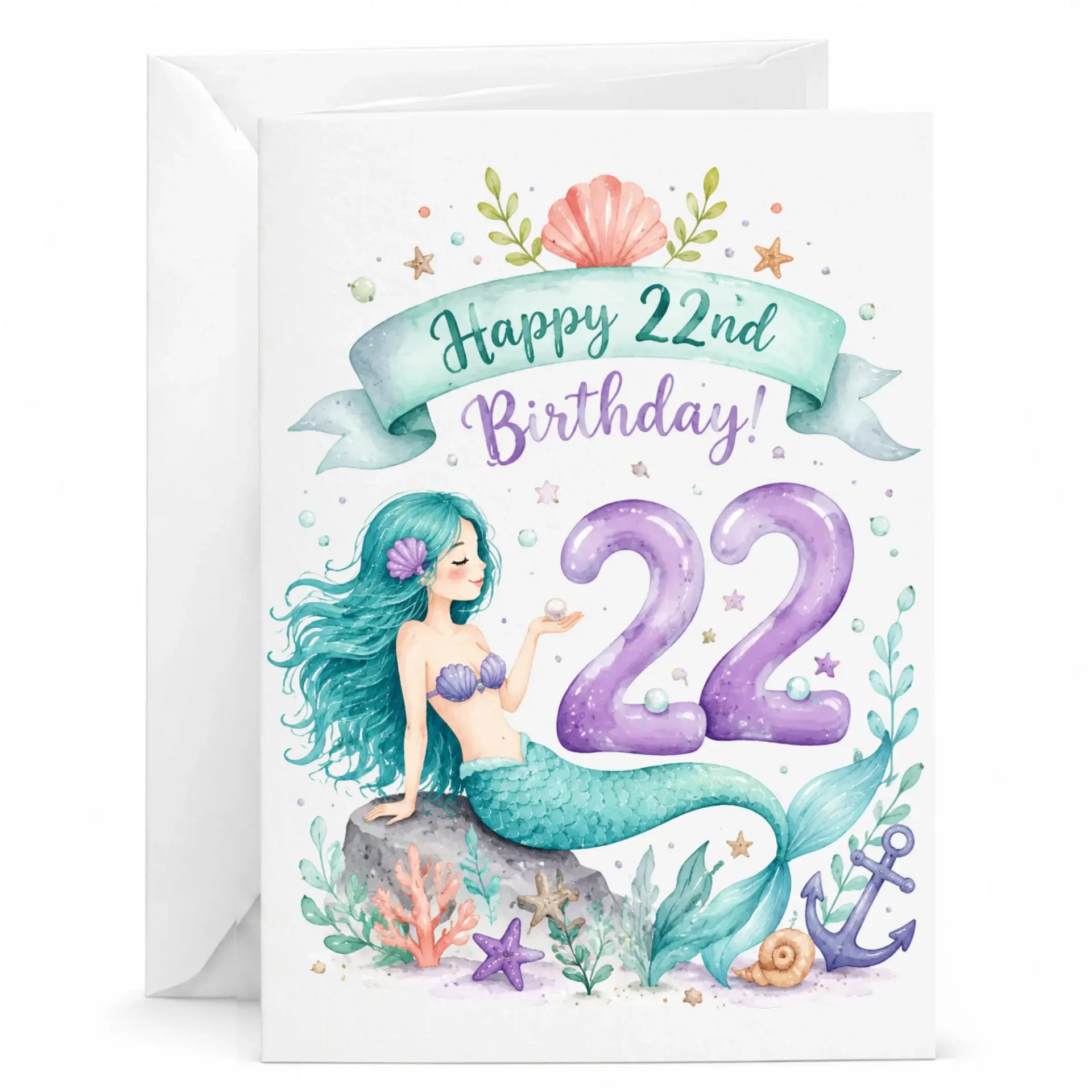 Birthday Card 22nd Birthday Mermaid Theme Greeting Card for Twenty-Second Birthday Celebration with Matching Envelope