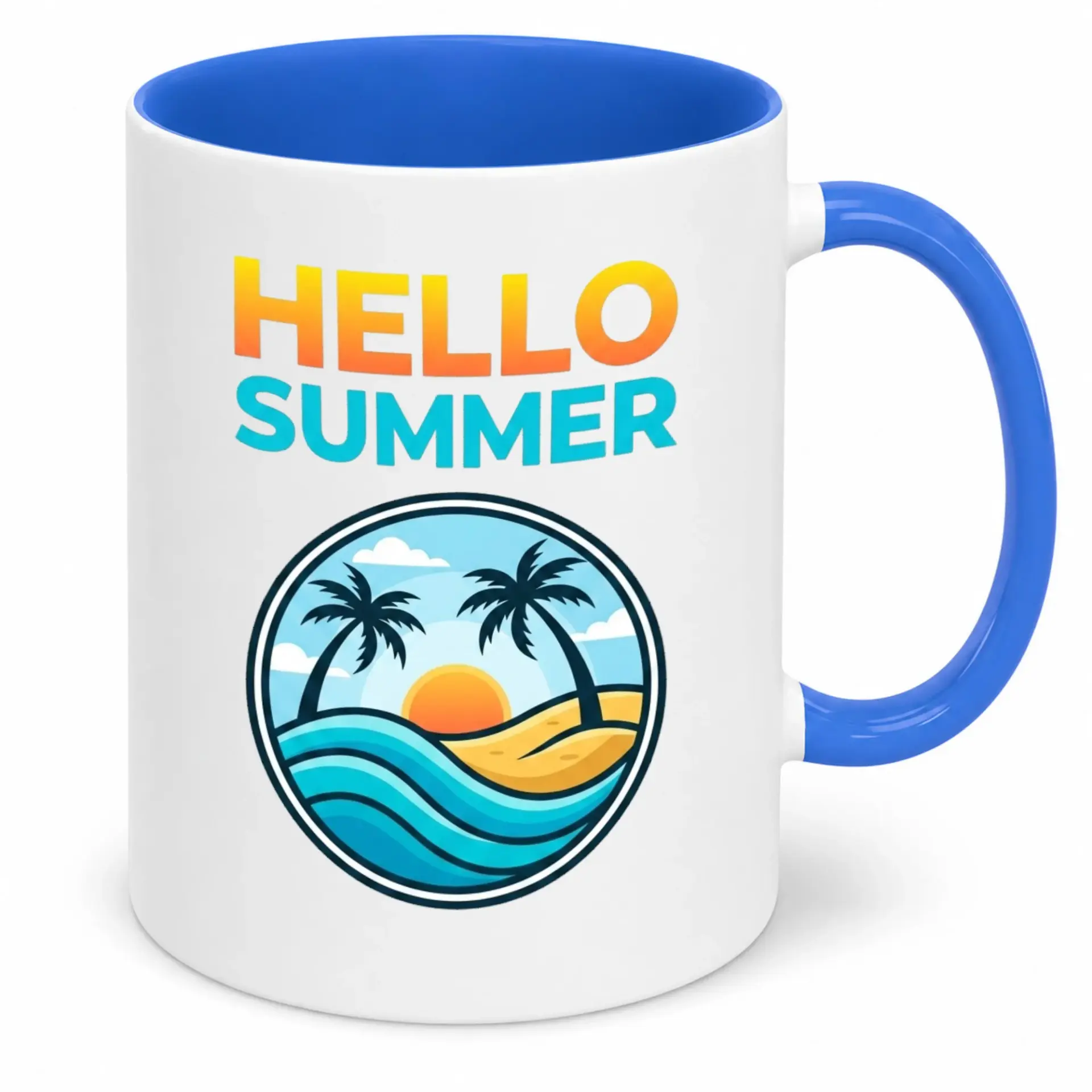Summer Beach Scene Coffee Mug with Palm Trees and Ocean Waves Design, Vibrant Two-Tone Ceramic Beverage Cup for Warm Weather Enthusiasts