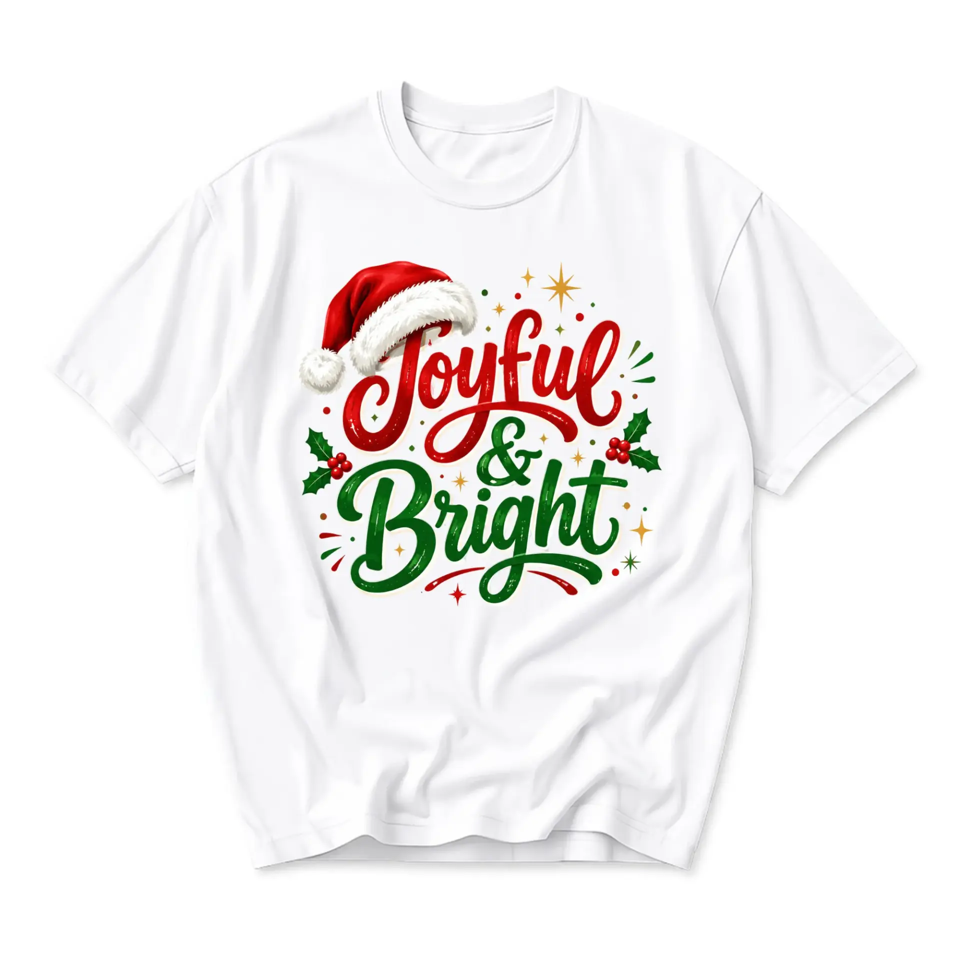 Graphic Tee Joyful and Bright Christmas Holiday Shirt Unisex Crew Neck Short Sleeve Casual Comfort Cotton Apparel