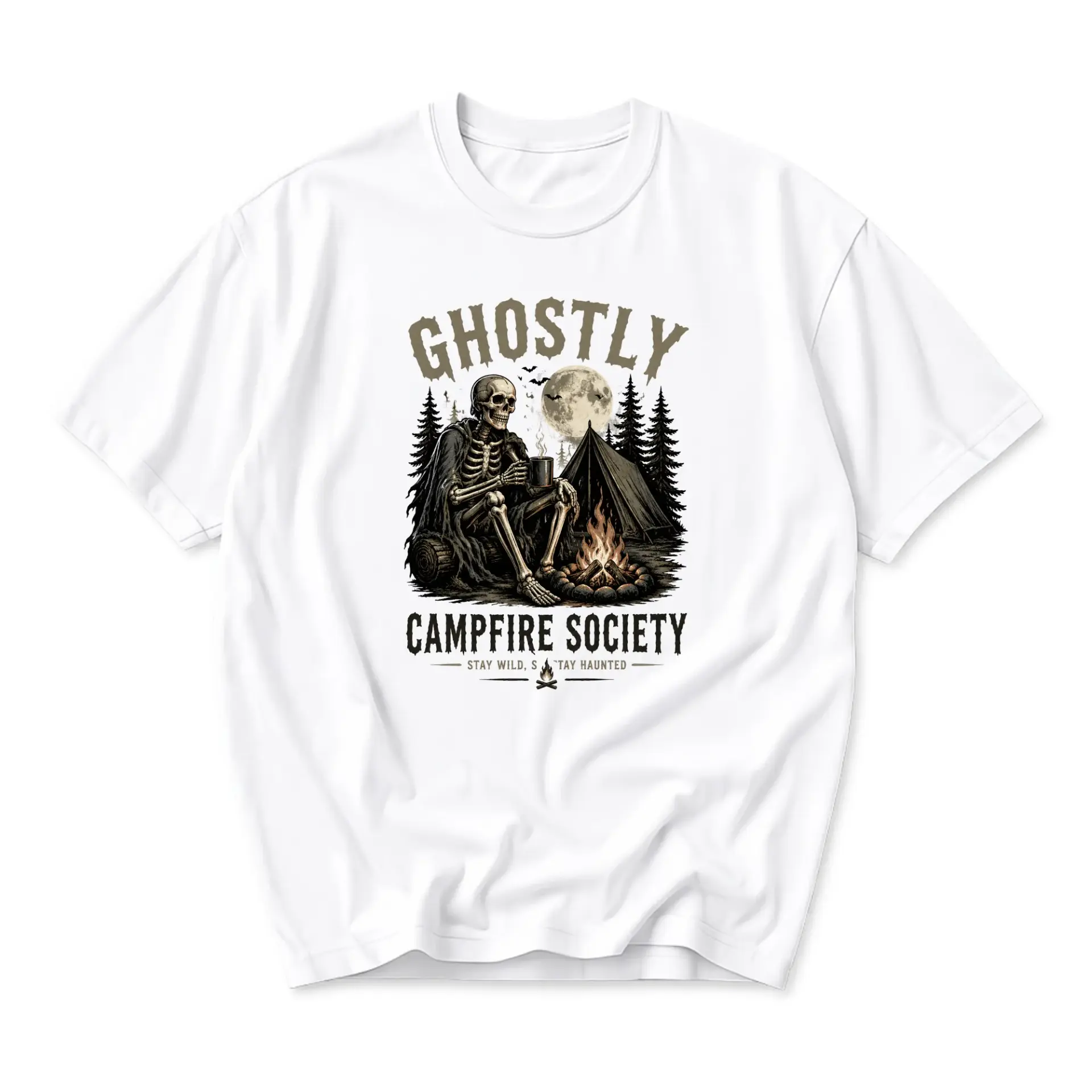 Graphic Tee Ghostly Campfire Society Skeleton Camping Print Unisex Crew Neck Casual Everyday Short Sleeve Shirt White