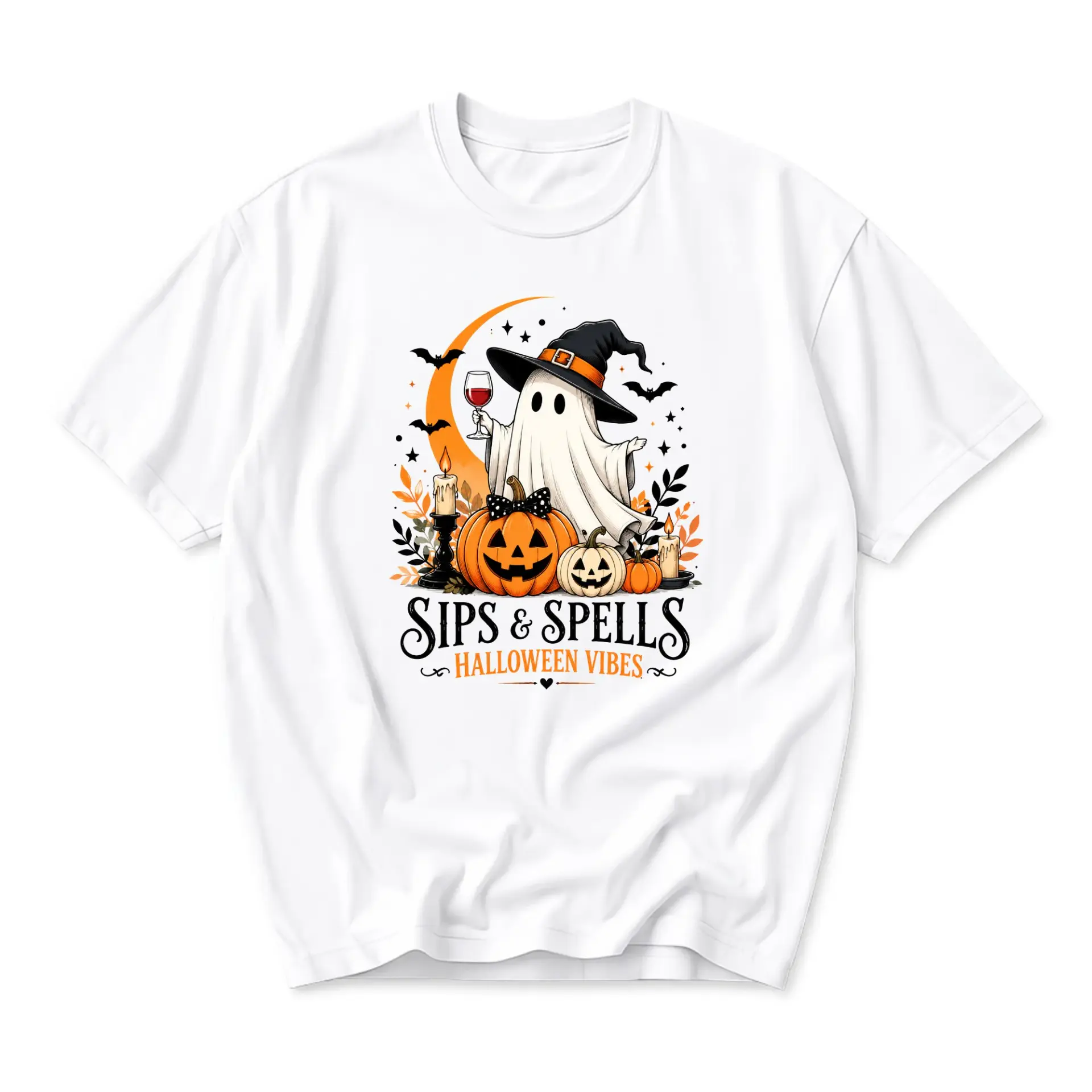 Graphic Tee Sips and Spells Halloween Vibes Unisex Crew Neck Shirt Festive Autumn Fall Season Graphic Printed Apparel