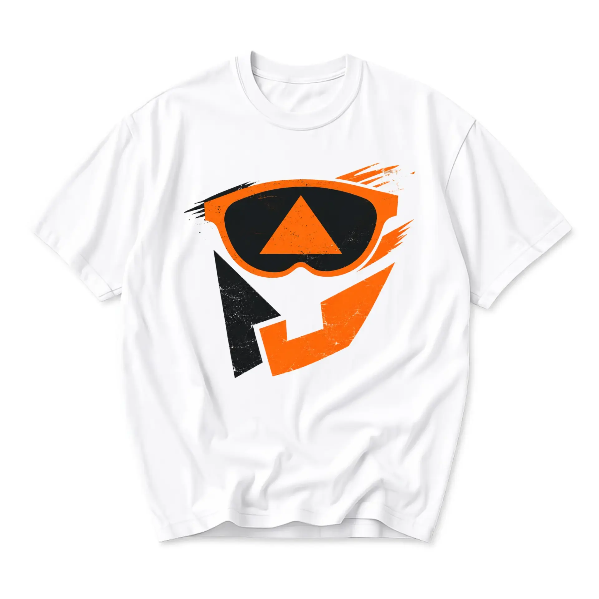 Graphic Tee Unisex Crew Neck Short Sleeve Shirt Featuring Abstract Orange and Black Goggle Geometric Shape Design