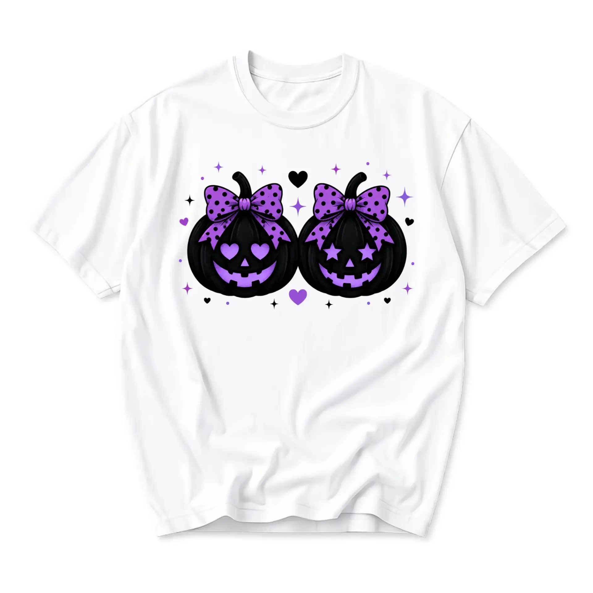 Graphic Tee Cute Purple Bow Halloween Pumpkins Unisex Casual Crew Neck Soft Cotton Blend Everyday Summer Shirt