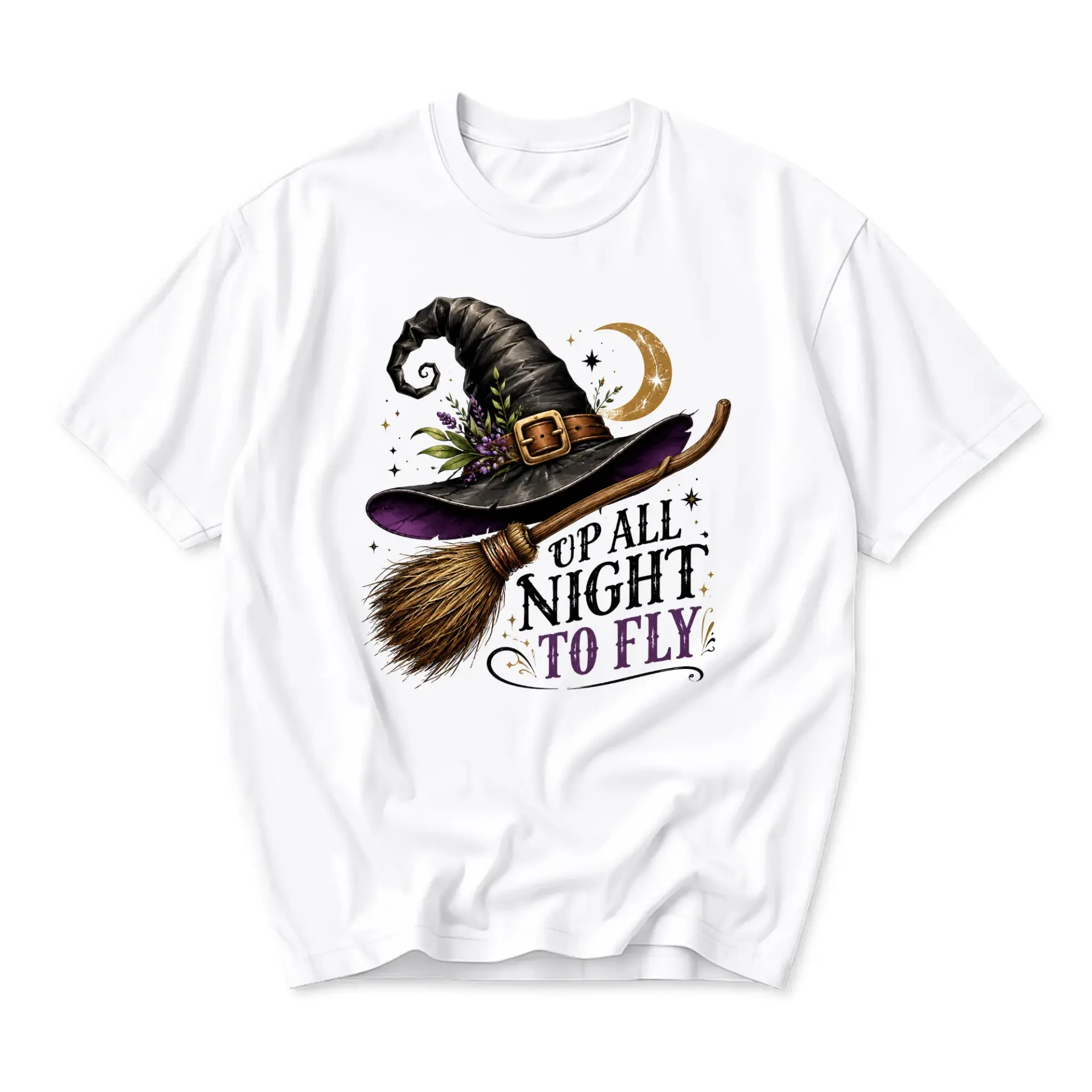 Graphic Tee up All Night to Fly Witch Hat and Broomstick Illustration Unisex Crew Neck Casual Short Sleeve Shirt