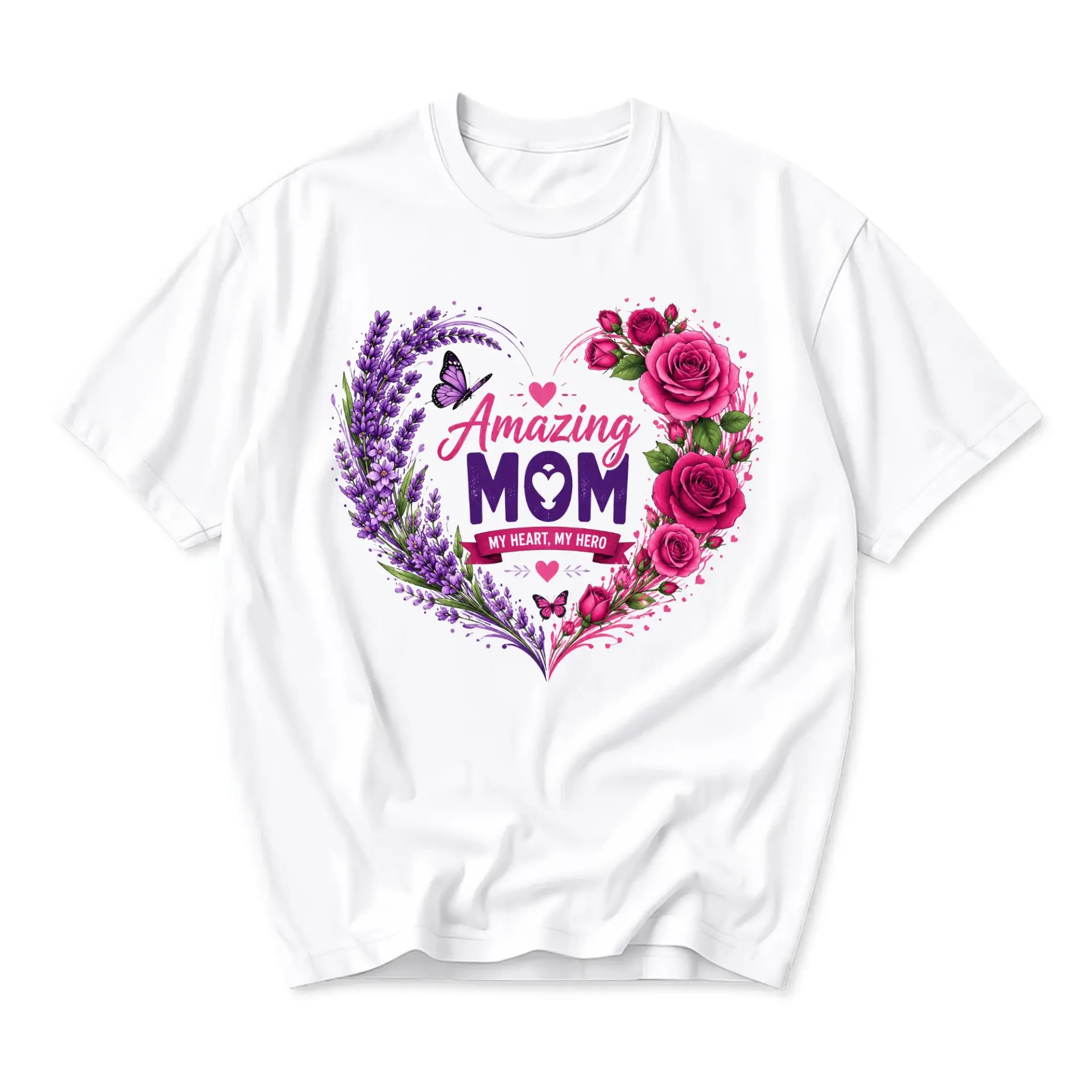 Graphic Tee Amazing Mom Heart Floral Print Unisex Casual Crew Neck T-Shirt for Everyday Wear and Gift Giving