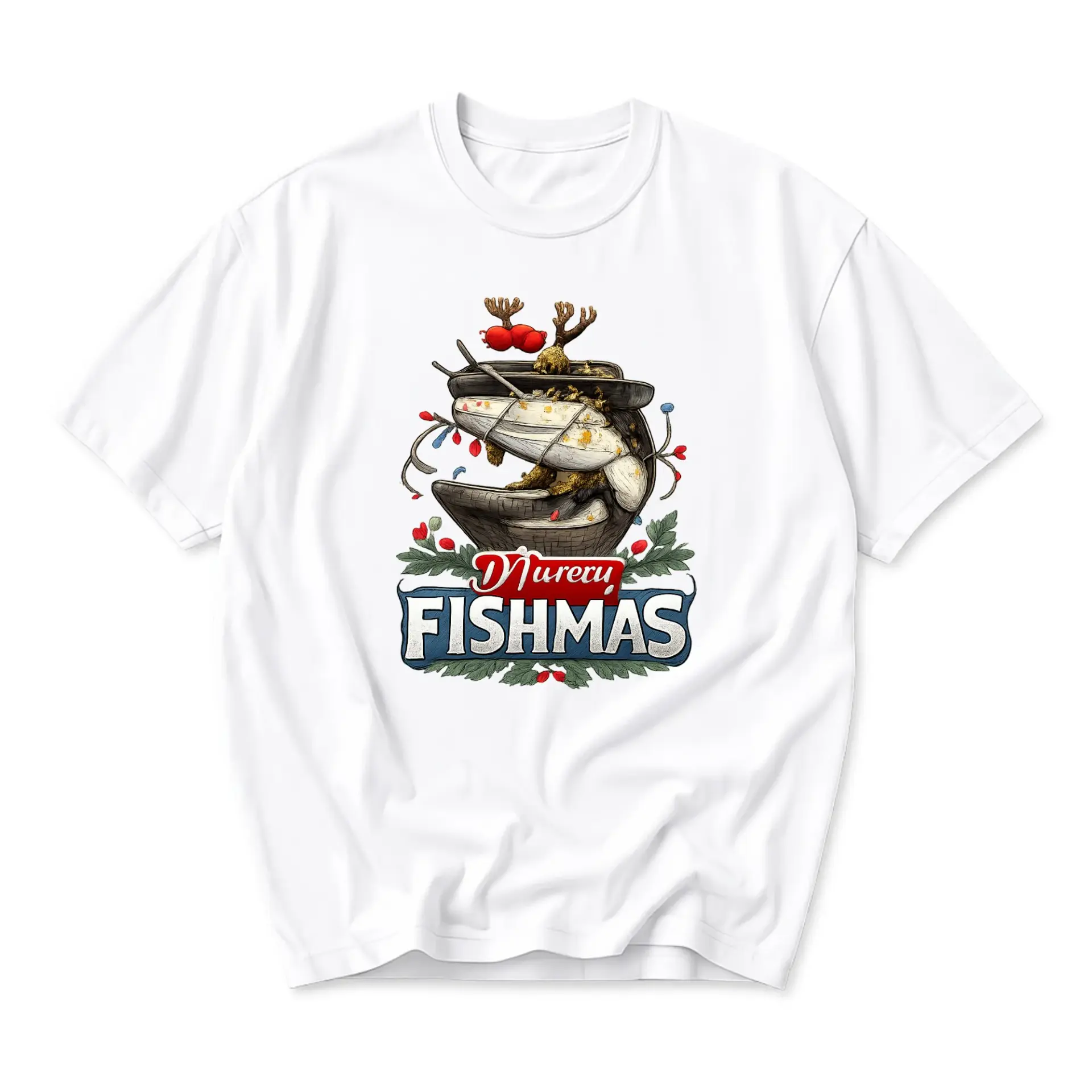 Funny Shirt Merry Fishmas Holiday Graphic Tee Unisex Short Sleeve Cotton Crew Neck Casual Summer Apparel White
