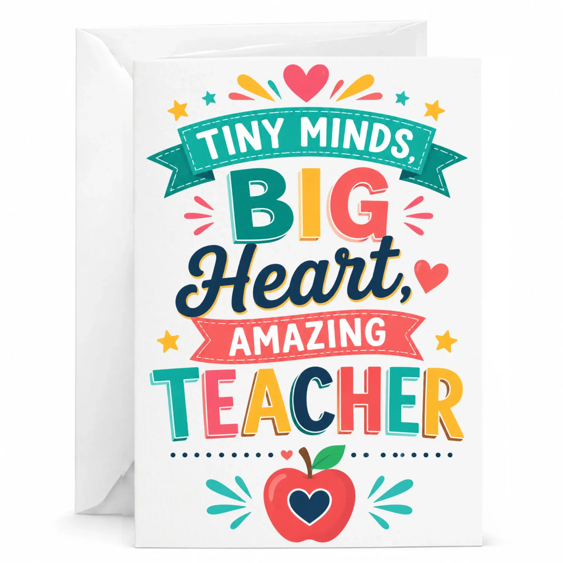 Card for Teacher with Colorful Typographic Design Heartfelt Appreciation Greeting 5x7 Inches Envelope