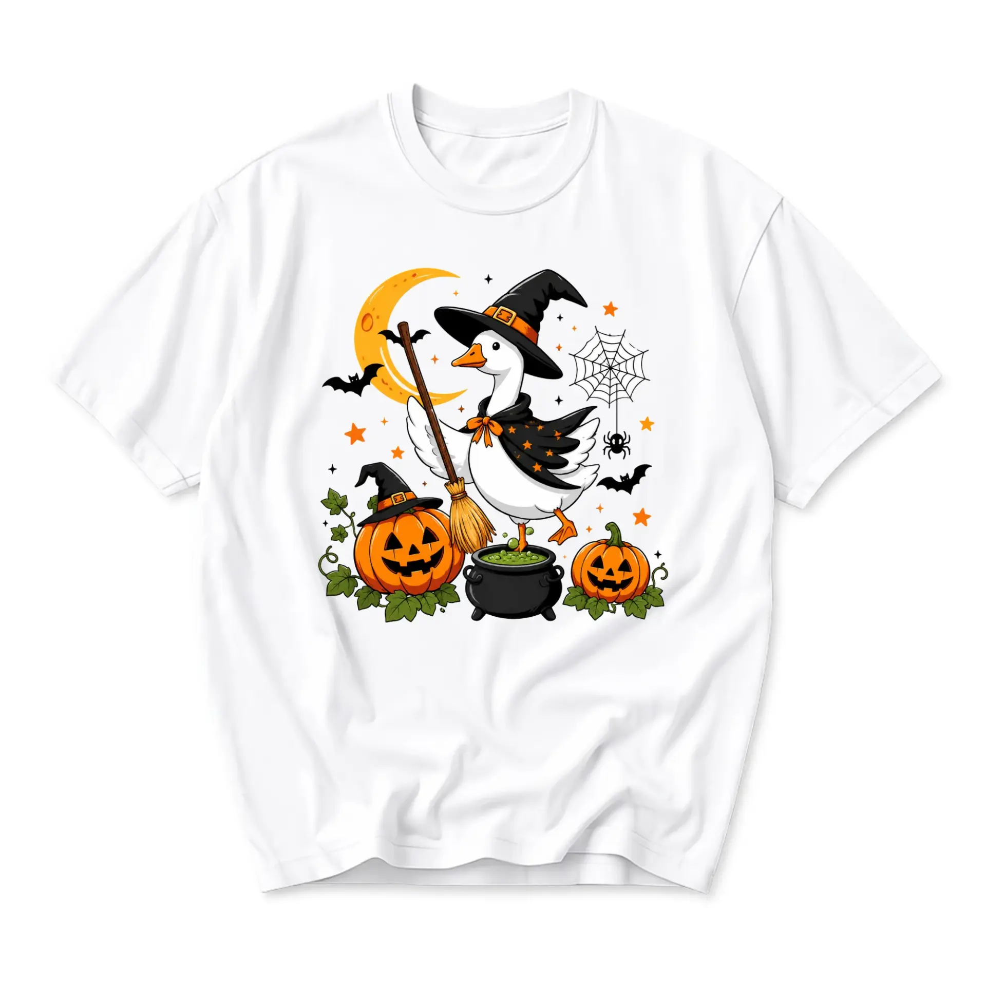 Graphic Tee Unisex Halloween Goose Shirt Featuring Witch Costume Cartoon Illustration for Casual Seasonal Wear