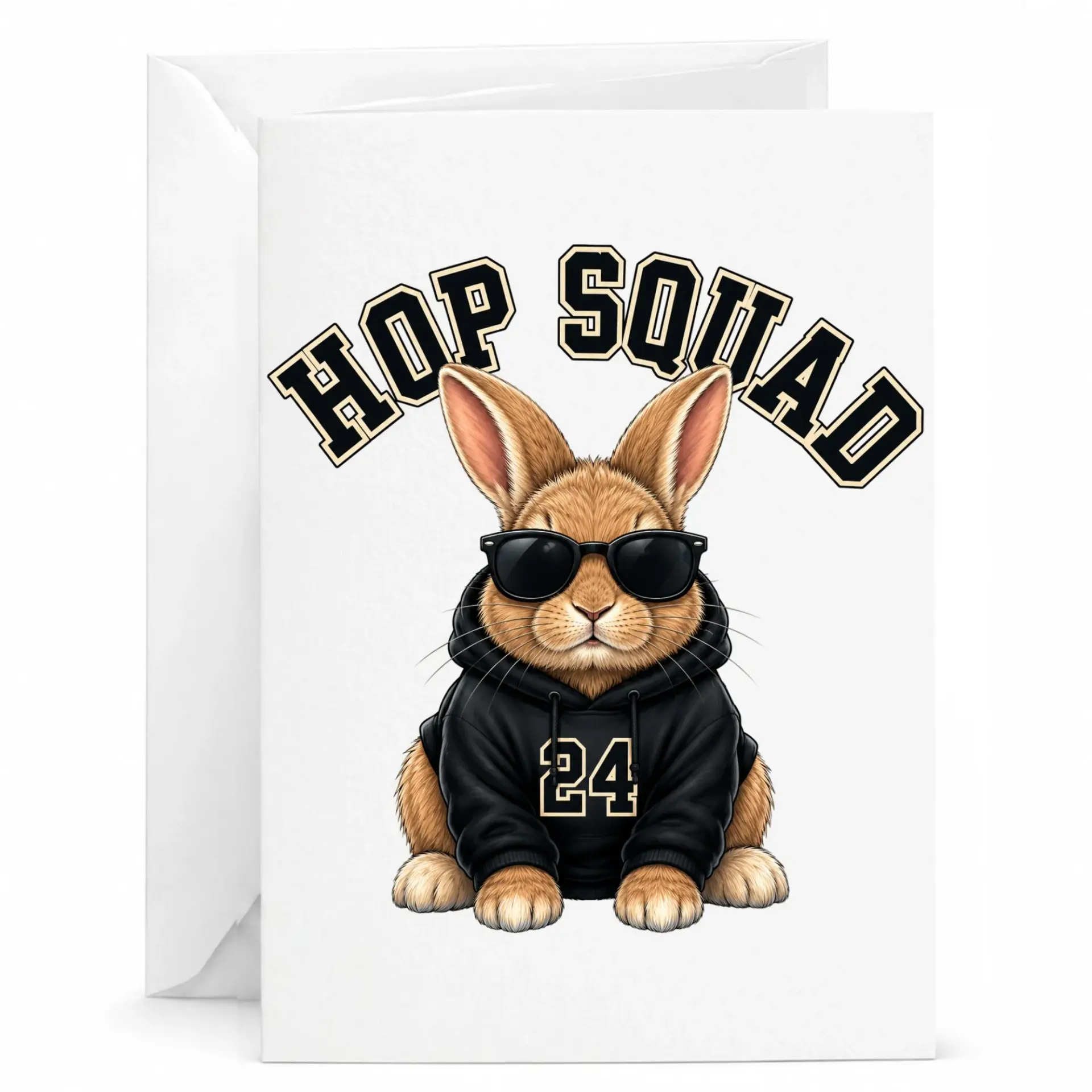 Funny Rabbit Greeting Card Hop Squad Featuring Cool Bunny in Hoodie Design for Birthdays Holidays and Celebrations