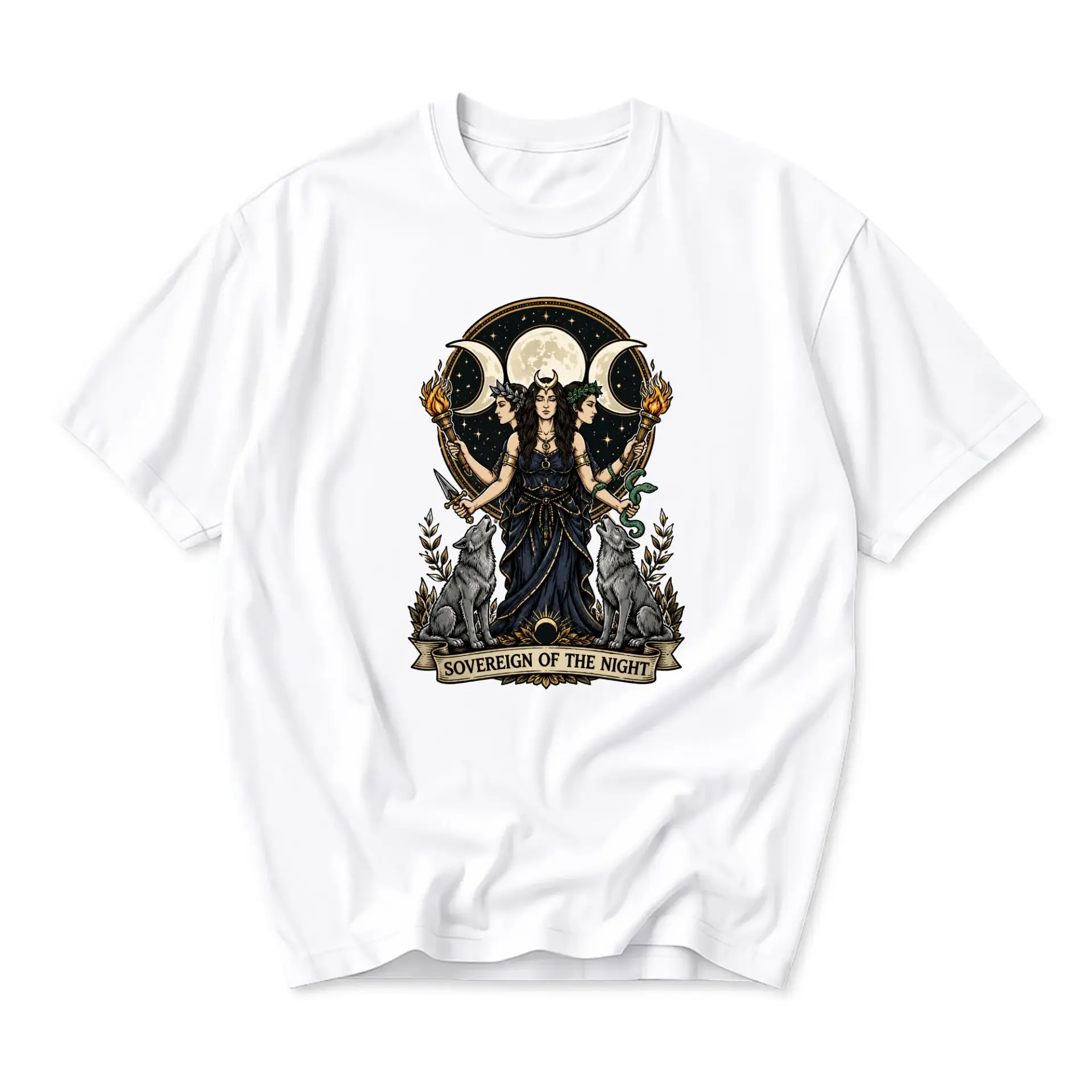 Graphic Tee Sovereign of the Night Celestial Triple Goddess and Wolves Unisex Crew Neck Casual Cotton Blend T-Shirt
