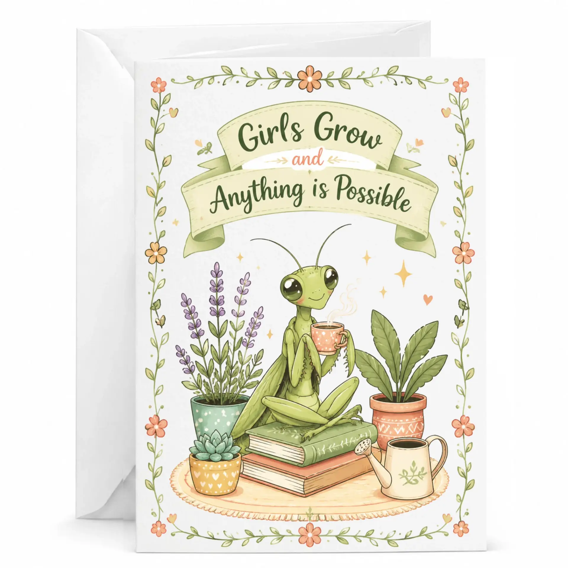Greeting Card with Inspiring Praying Mantis Design Girls and Theme Folded Stationery