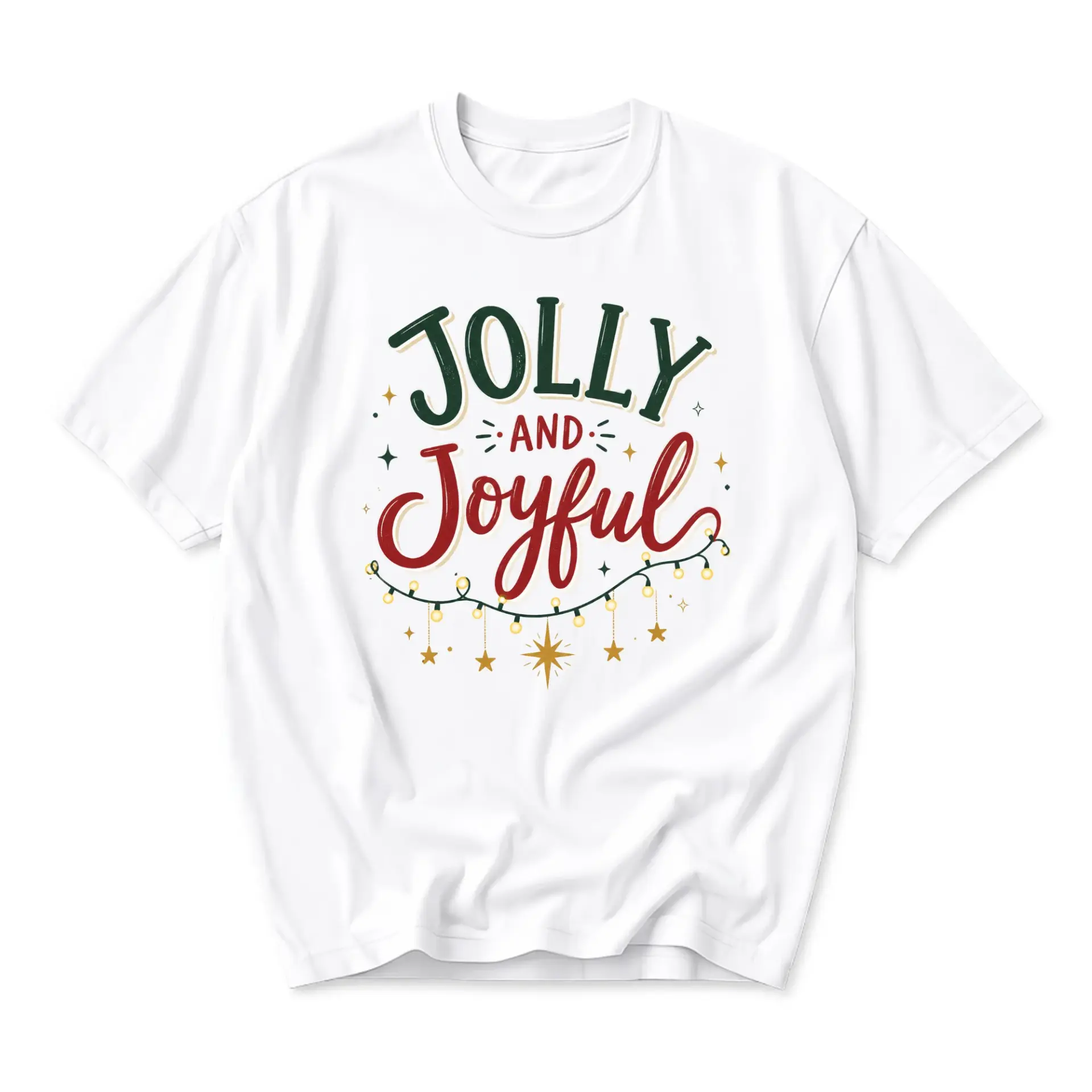 Graphic Tee Jolly and Joyful Holiday Lights Print Unisex Casual Cotton Crew Neck Short Sleeve Shirt for Everyday Wear