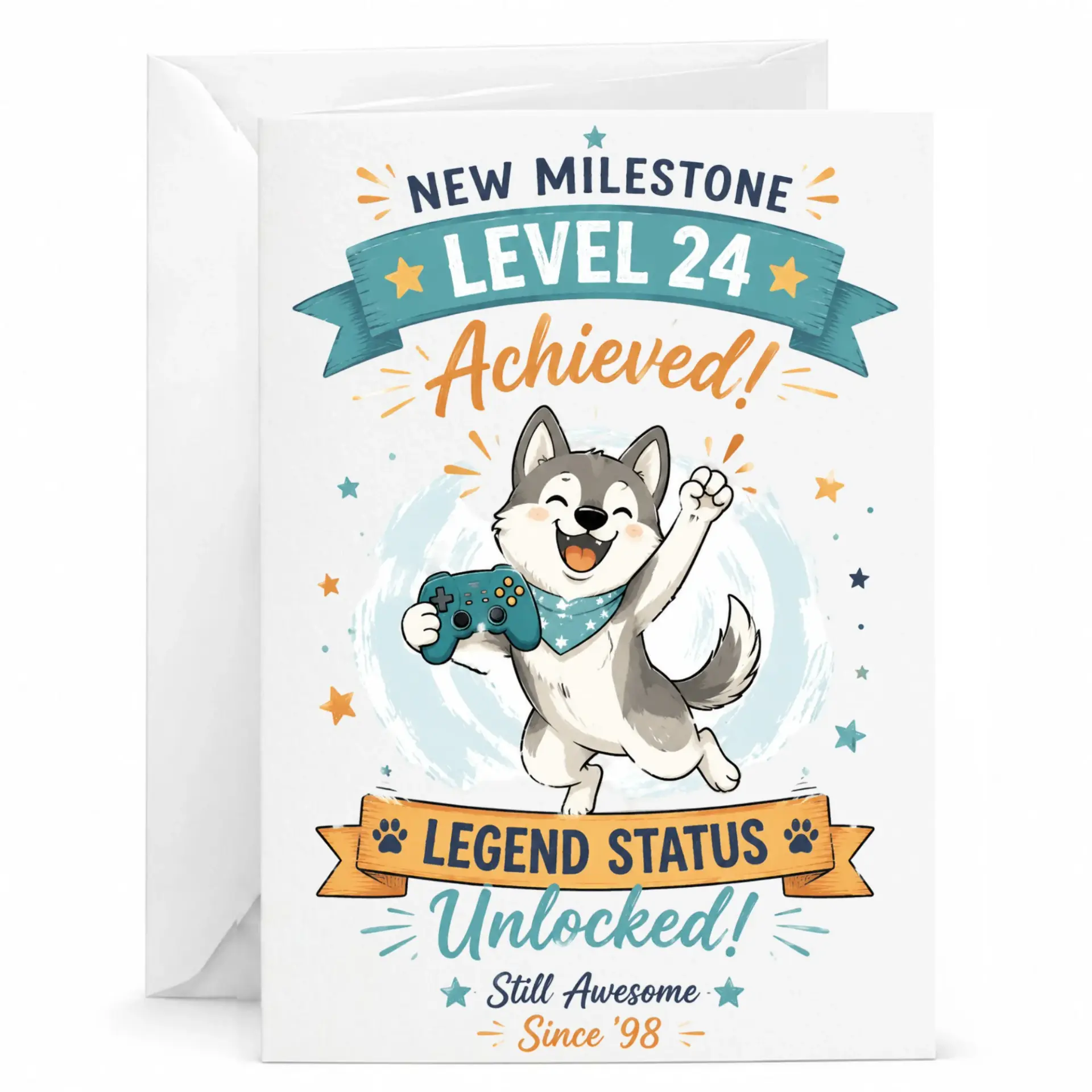 Funny Birthday Card for Gamer Level 24 Achievement Featuring Cute Husky Dog Gaming Design for Milestone Celebration