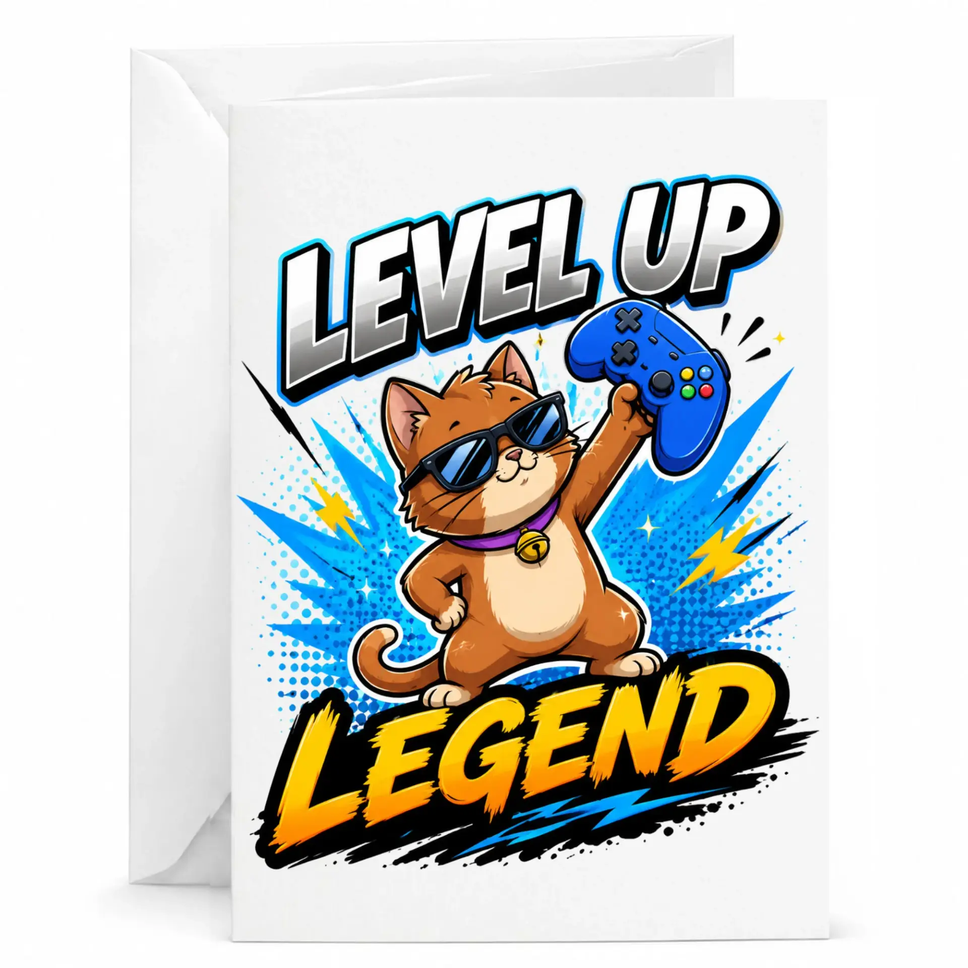Funny Greeting Card Level up Legend Design Featuring Cool Gaming Cat with Sunglasses and Controller Graphic