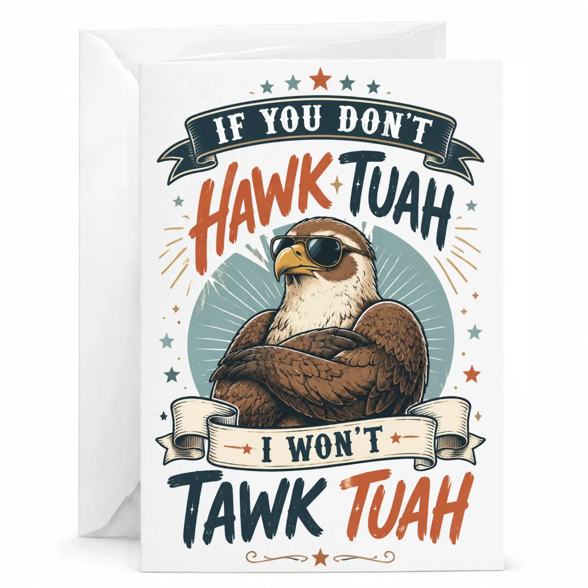 Funny Hawk Tuah Bird Greeting Card with Envelope, Humorous Eagle Pun Illustration for Birthday or Any Occasion