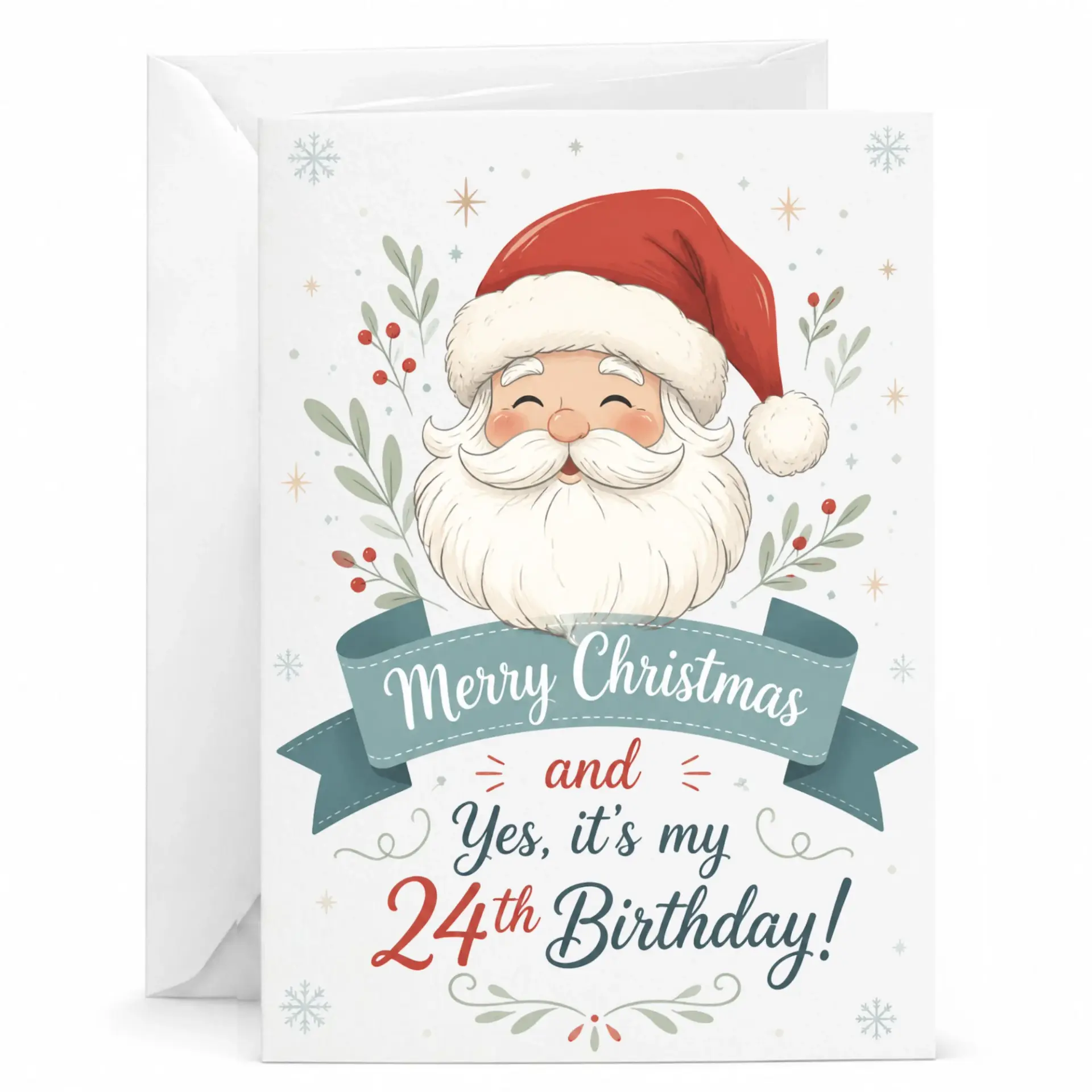 Funny Christmas Birthday Card, Holiday Celebration Greeting Card for 24th Birthday with Matching White Envelope
