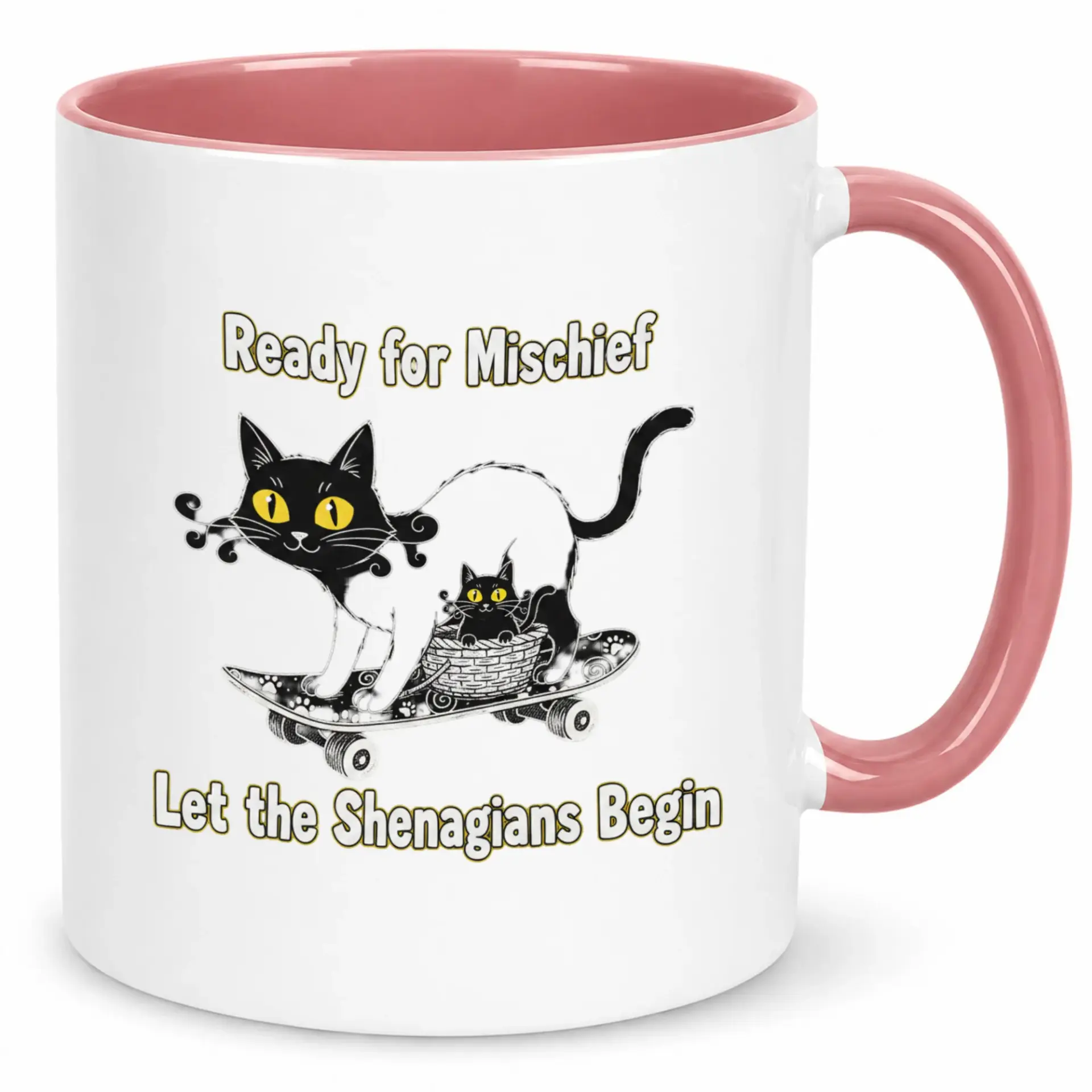 Funny Coffee Mug with Mischievous Cat Skateboard Design Humorous Animal Themed Ceramic Beverage Cup for Home Office Gift