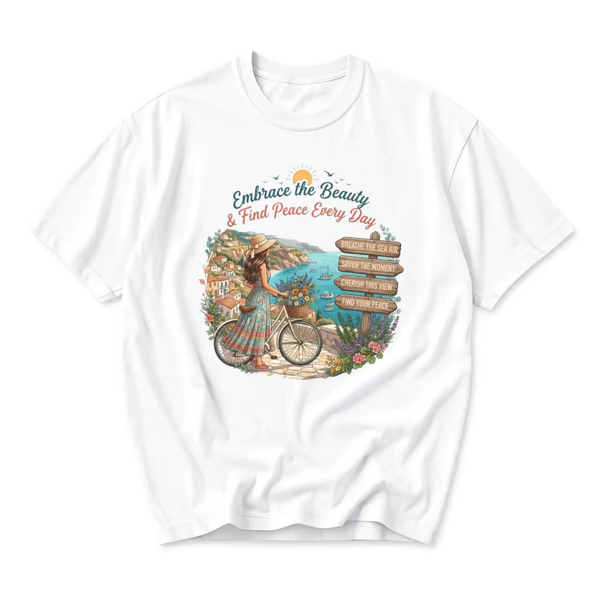 Graphic Tee Unisex Coastal Scenic Illustration Shirt Aesthetic Summer Seaside Travel Design Soft Cotton Crew Neck Top