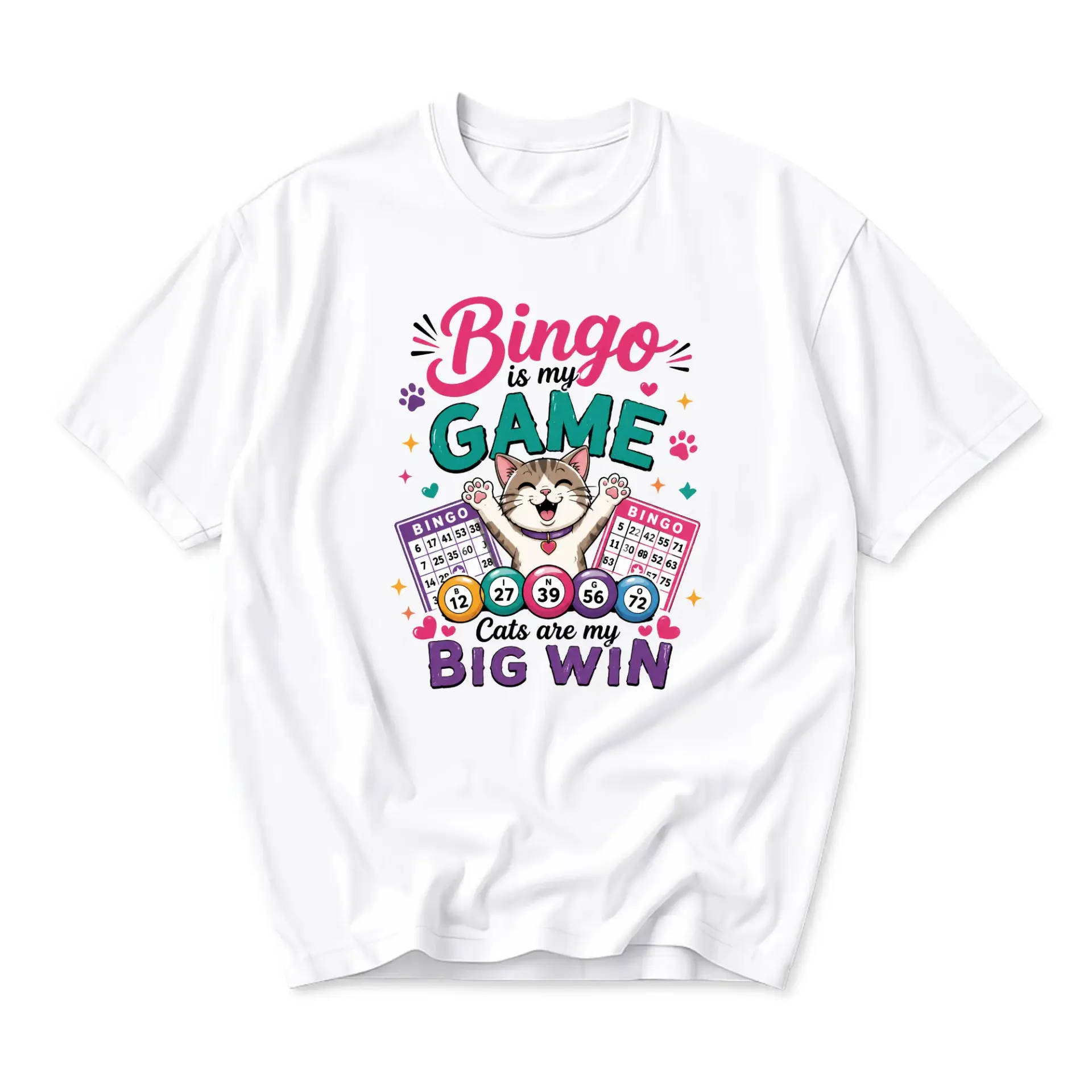 Graphic Tee Bingo Is My Game Cat Lover Unisex Crew Neck T-Shirt Funny Hobby Casual Apparel for Men and Women White