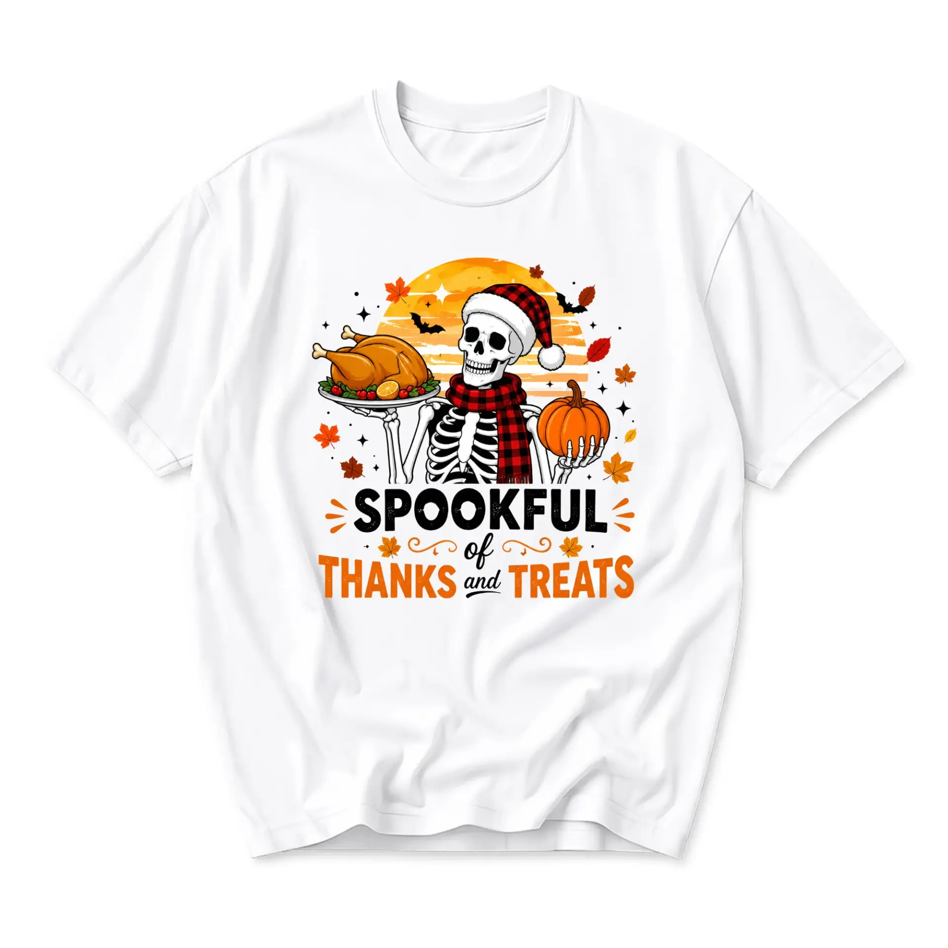 Graphic Tee Spookful of Thanks and Treats Skeleton Fall Holiday Unisex Crew Neck Short Sleeve Soft Cotton Casual Shirt