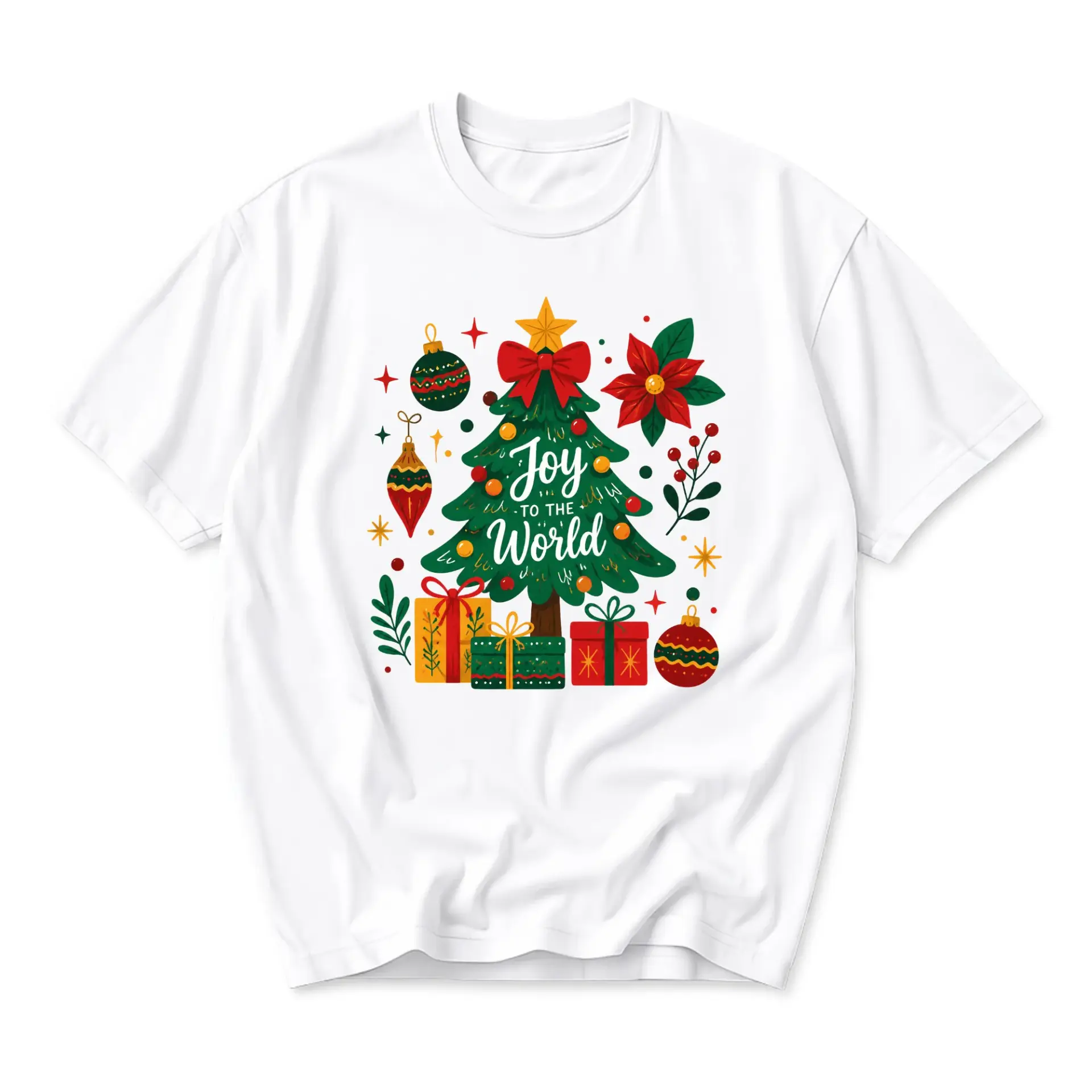 Graphic Tee Joy to the World Christmas Tree Print Unisex Cotton Crew Neck Casual Short Sleeve Holiday Shirt Top