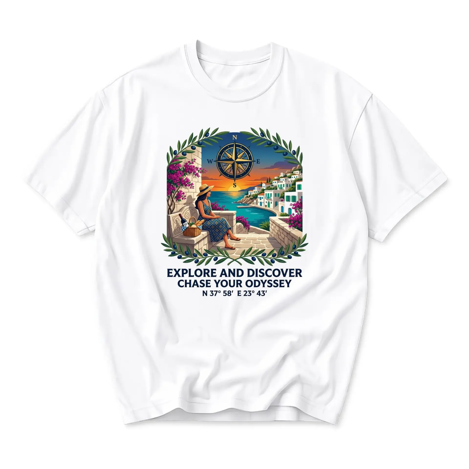 T-shirt Explore and Discover Chase Your Odyssey Travel Graphic Tee Mediterranean Aesthetic Vacation Souvenir Shirt