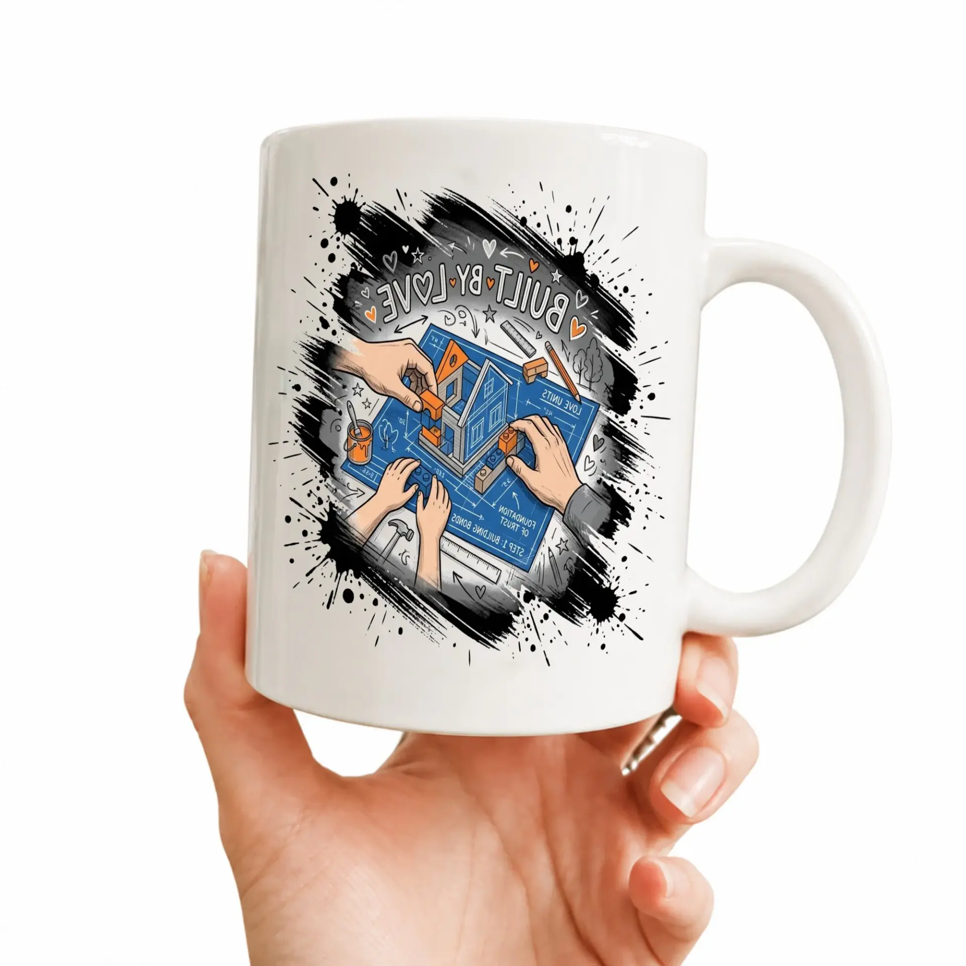 Inspirational Built by Love Ceramic Coffee Mug with Decorative Blue Handle and Rim for Home Office Beverage Use