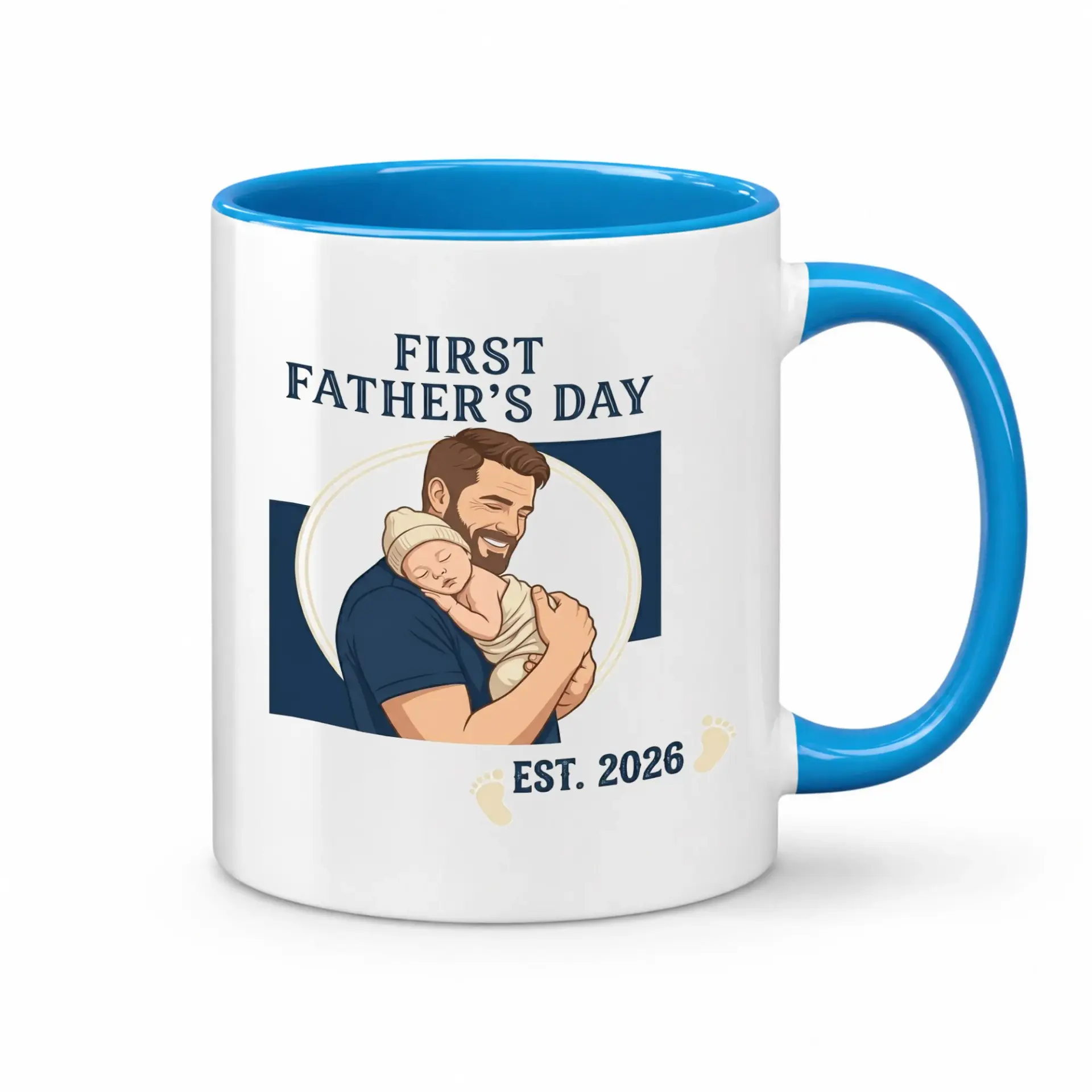 Personalized First Father's Day Coffee Mug with Illustration and Year Design Featuring a Blue Handle Rim Accent