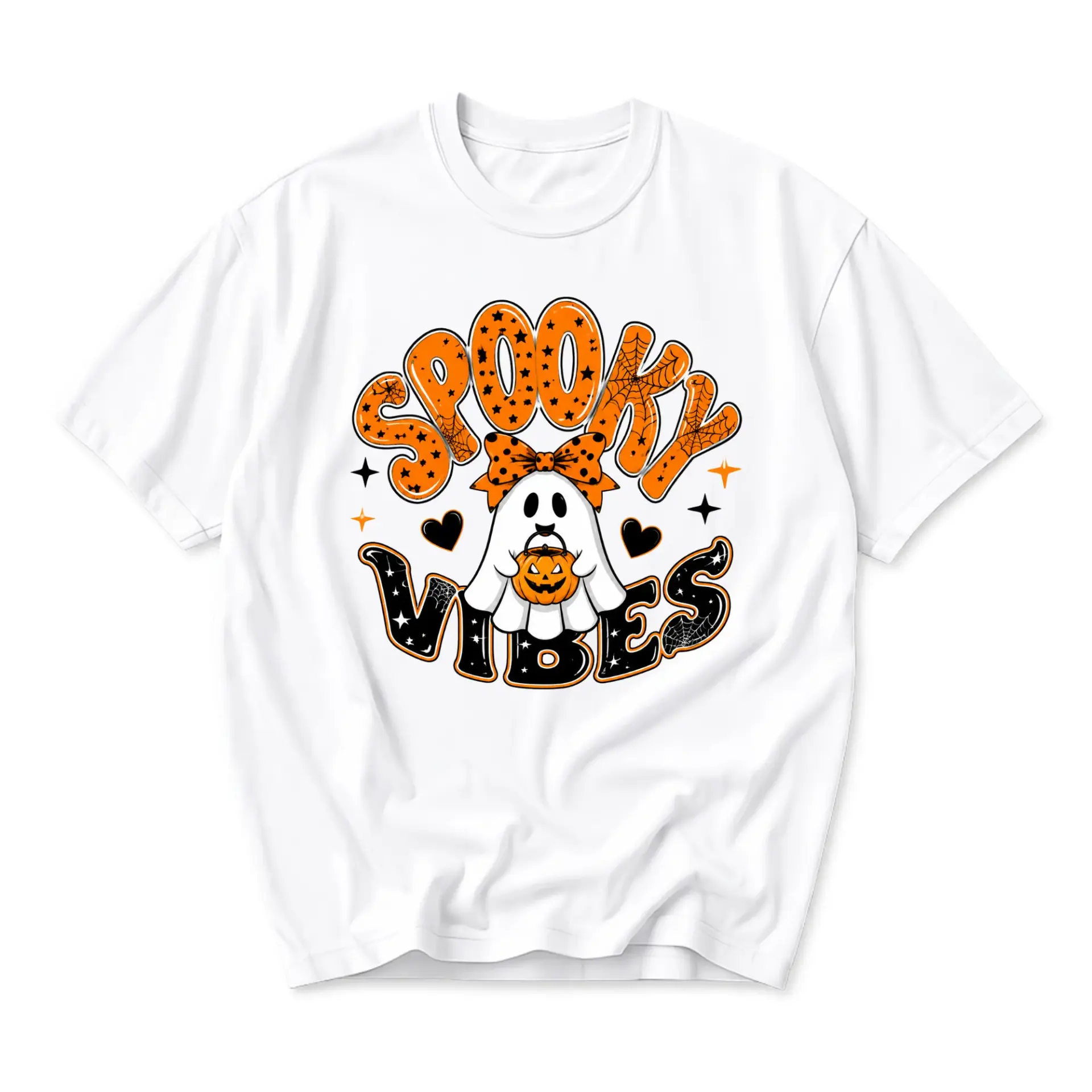 Graphic Tee Spooky Vibes Halloween Ghost Print Unisex Crew Neck Shirt for Casual Fall Everyday Outfits Soft Cotton