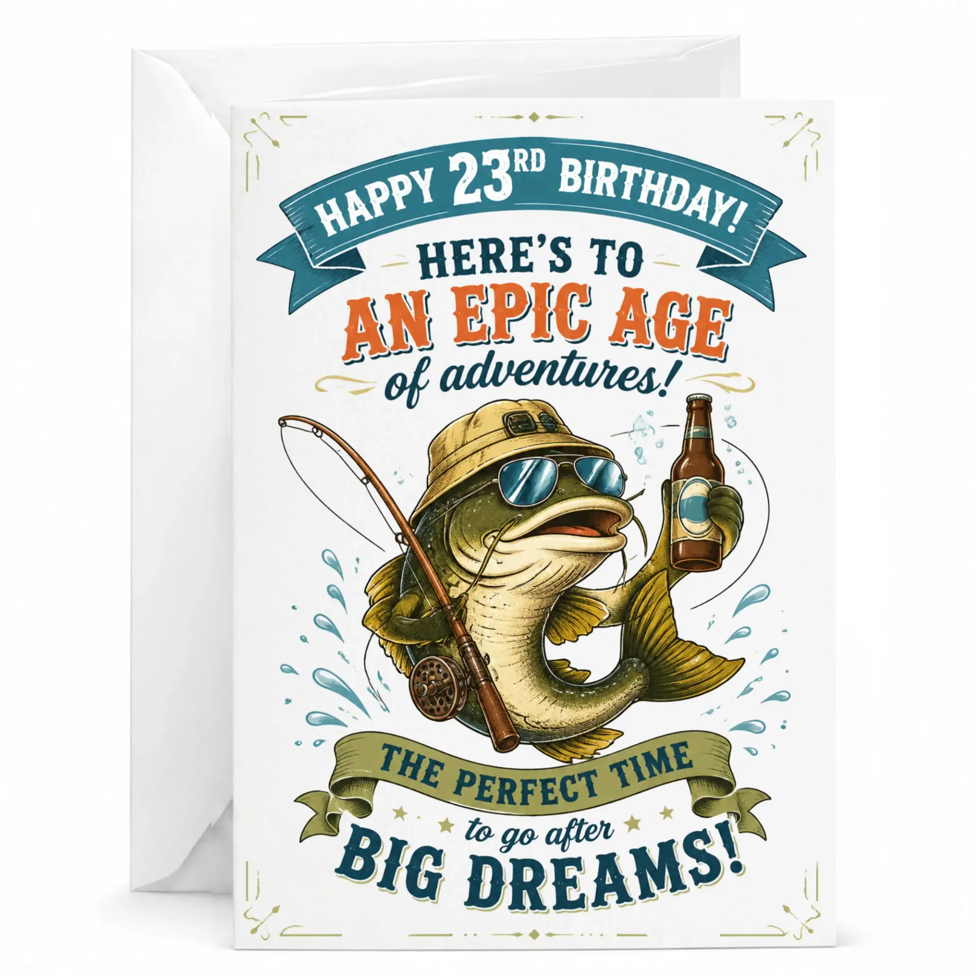 Birthday Card Funny Fishing Theme for 23rd Birthday Celebration Featuring Relaxed Fish with a Fishing Pole and Drink