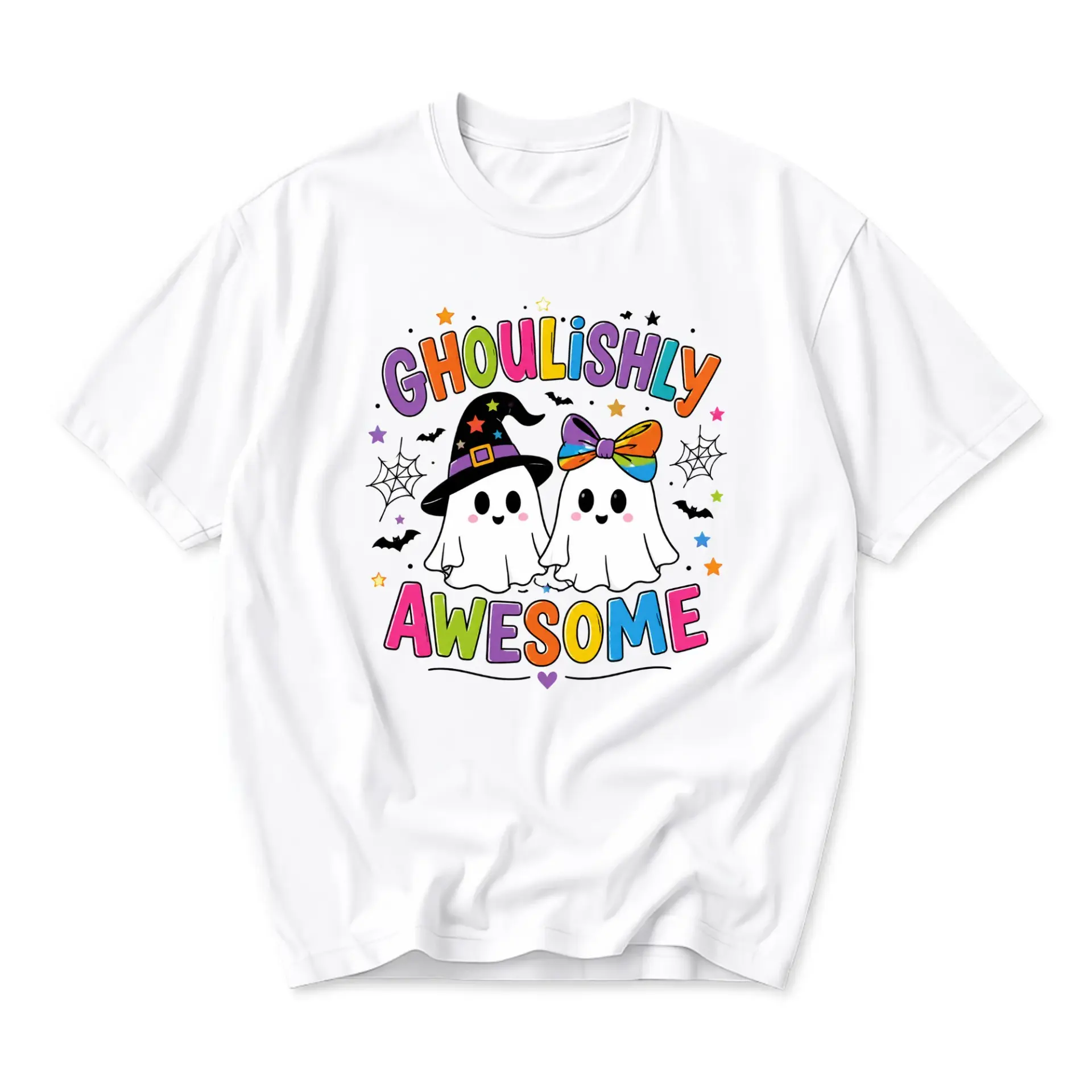 Funny Shirt Ghoulishly Awesome Graphic Tee Cute Ghost Illustration Seasonal Unisex Crew Neck Casual Cotton T-Shirt