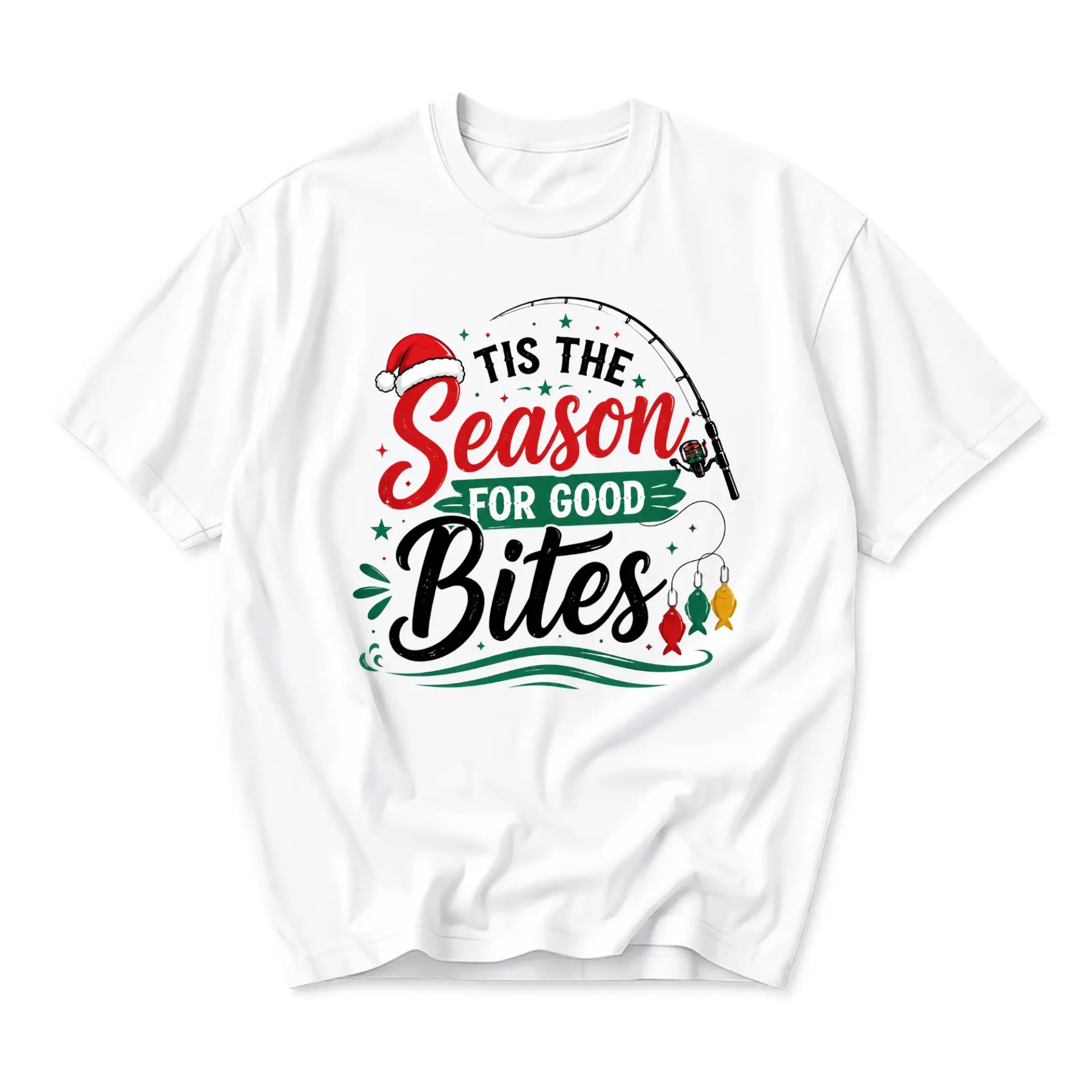 Graphic Tee Unisex Fishing Holiday Shirt Tis the Season for Good Bites Casual Crew Neck Short Sleeve Cotton Apparel