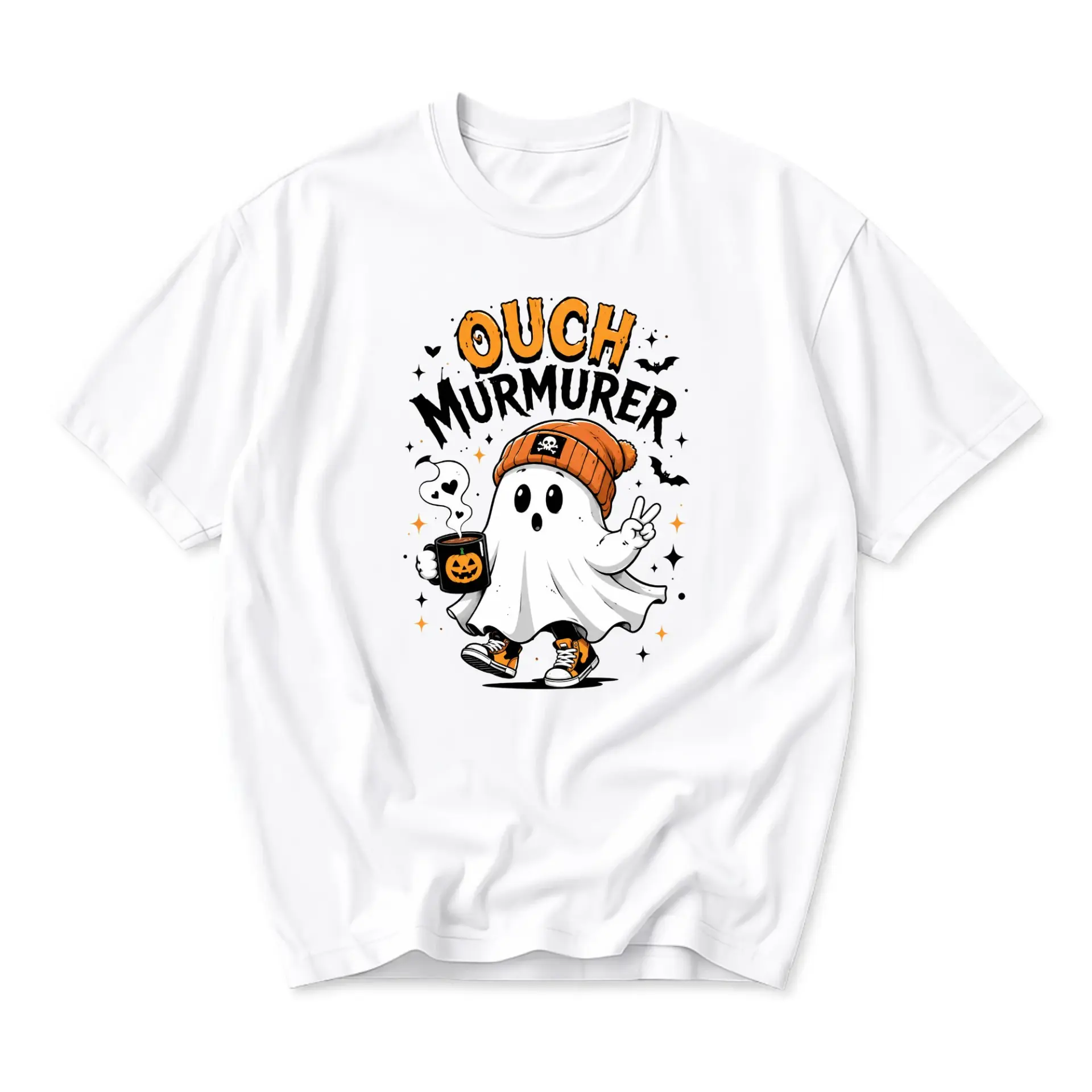 Graphic Tee Ouch Murmurer Ghost Shirt Funny Seasonal Autumn Illustration Casual Unisex Crew Neck Short Sleeve Top
