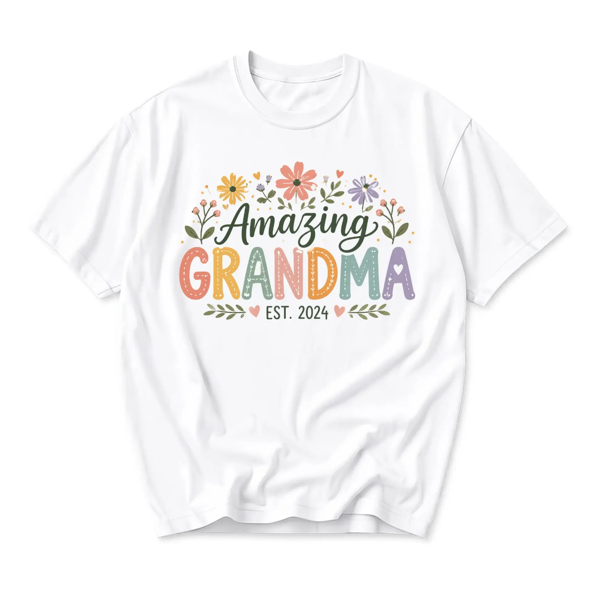 Graphic Tee Amazing Grandma Est 2024 Floral Botanical Print Unisex Crew Neck Casual Everyday Comfort Cotton Shirt