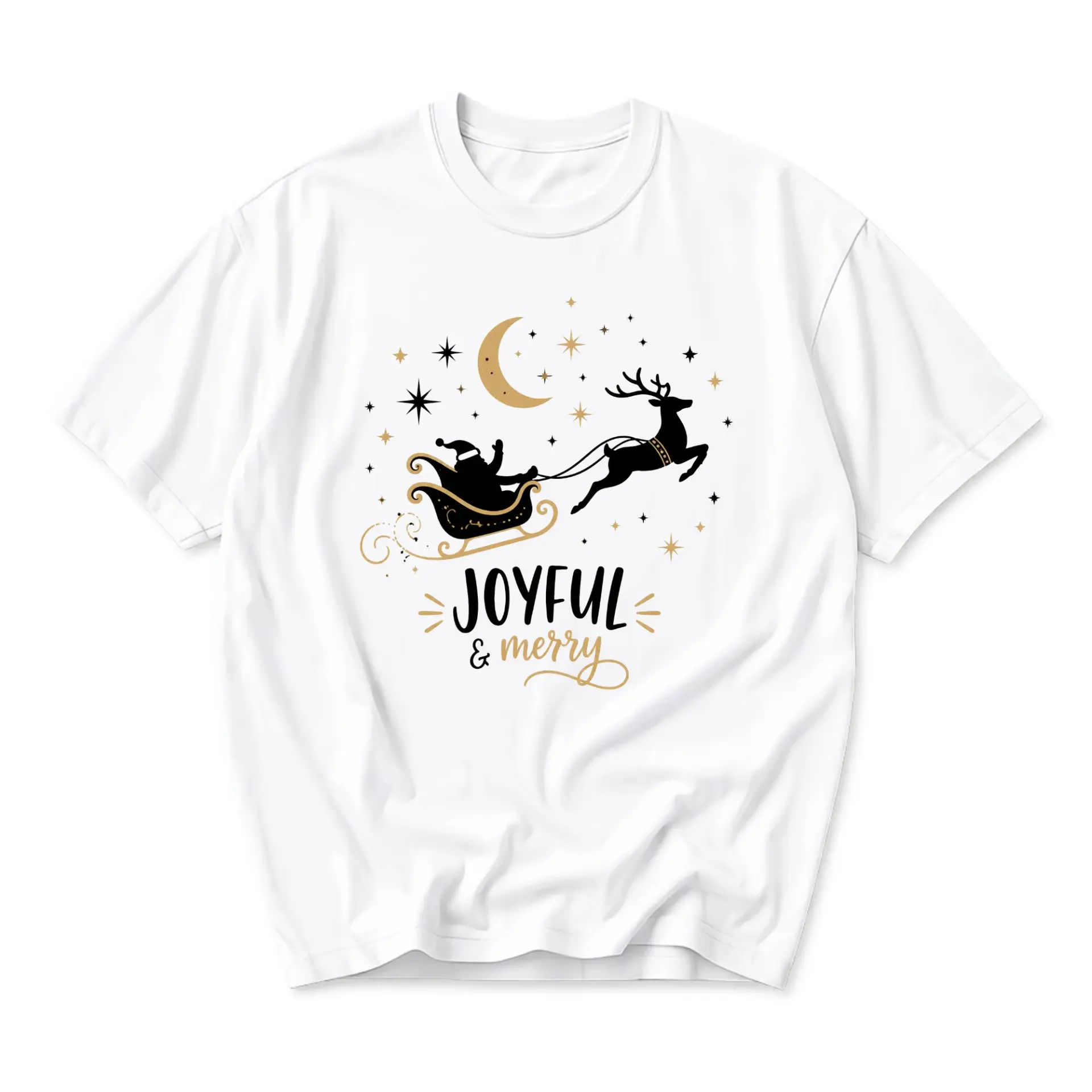Graphic Tee Joyful and Merry Holiday Santa Sleigh Silhouette Print Unisex Short Sleeve Crew Neck Casual Cotton Shirt