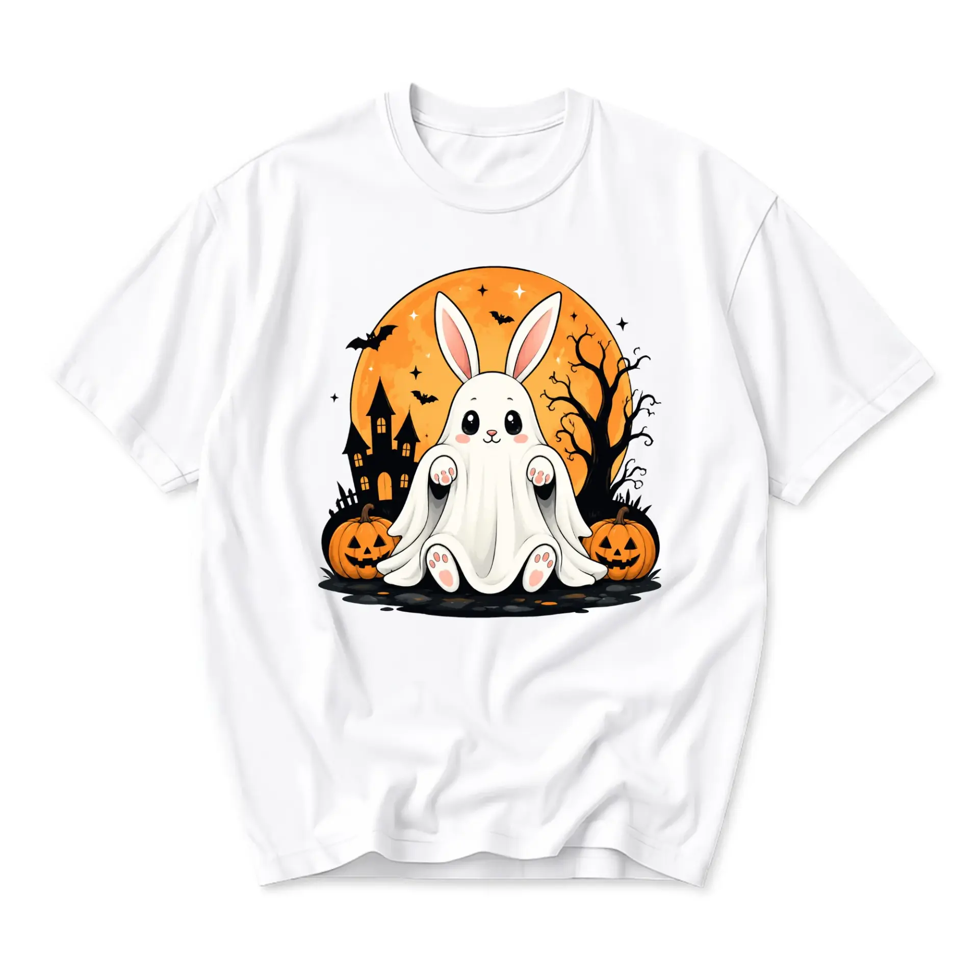 Graphic Tee Unisex Crew Neck T-Shirt Featuring Spooky Ghost Bunny Pumpkin Halloween Scene Printed Short Sleeve Top