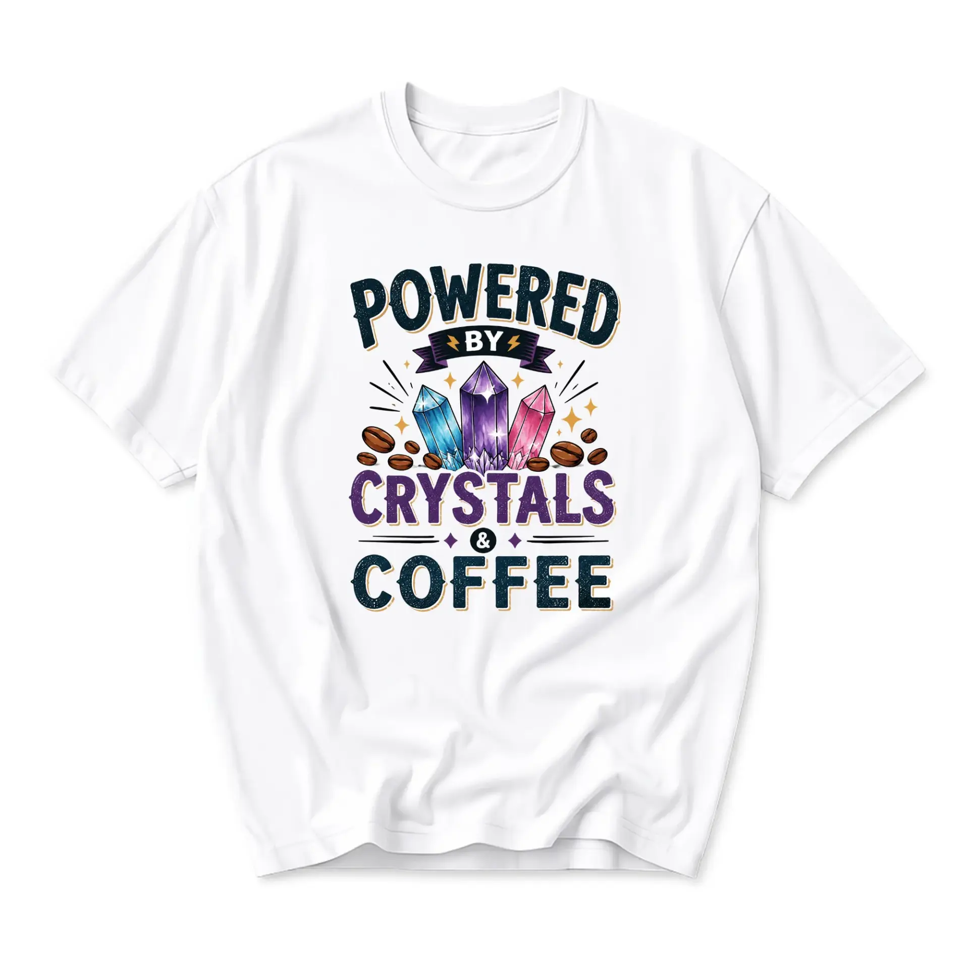 Funny Shirt Powered by Crystals and Coffee Graphic Tee Unisex Casual Crew Neck Comfortable Cotton Blend Everyday Top