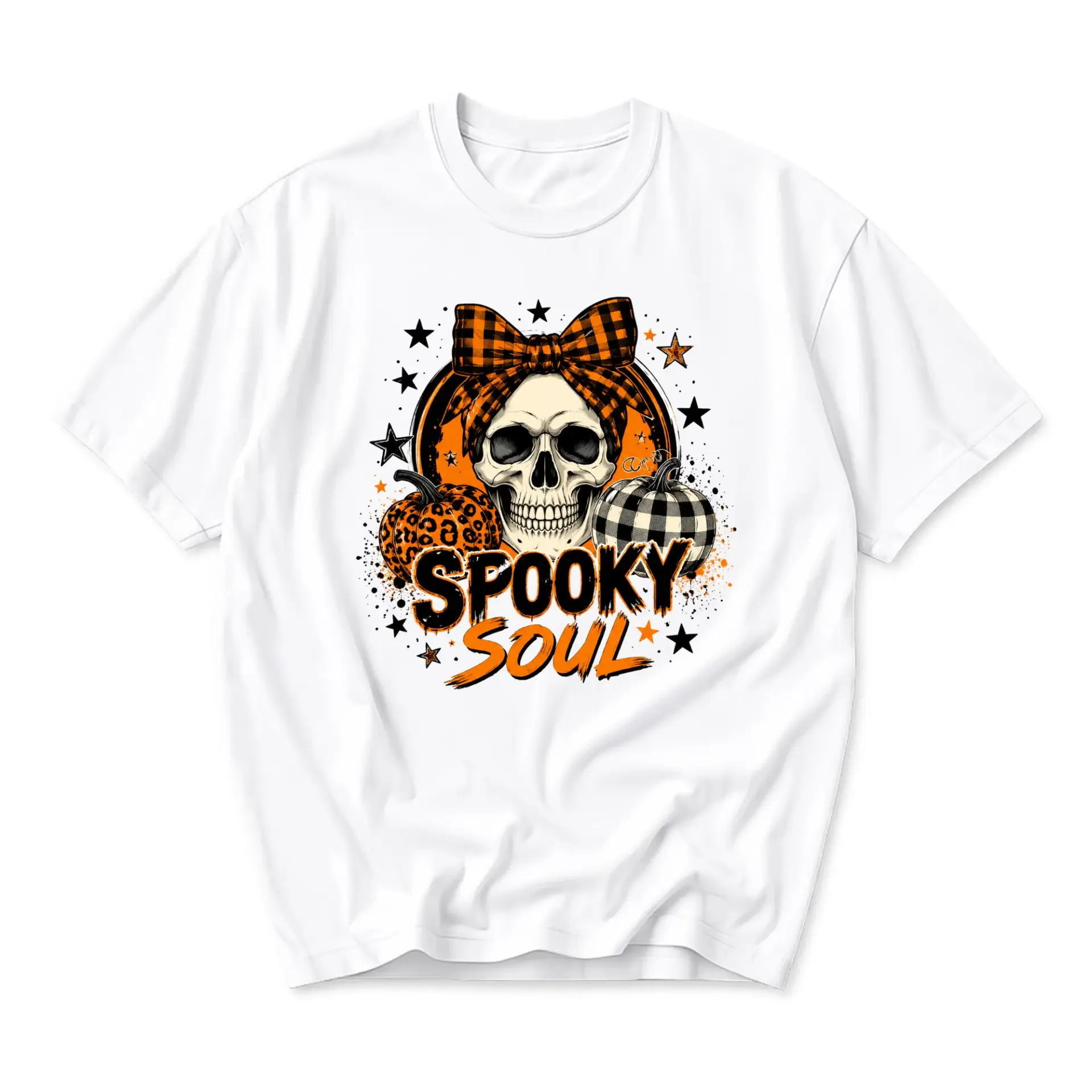 Graphic Tee Spooky Soul Skull with Plaid Bow and Pumpkins Unisex Crew Neck Casual Everyday Printed Cotton Shirt
