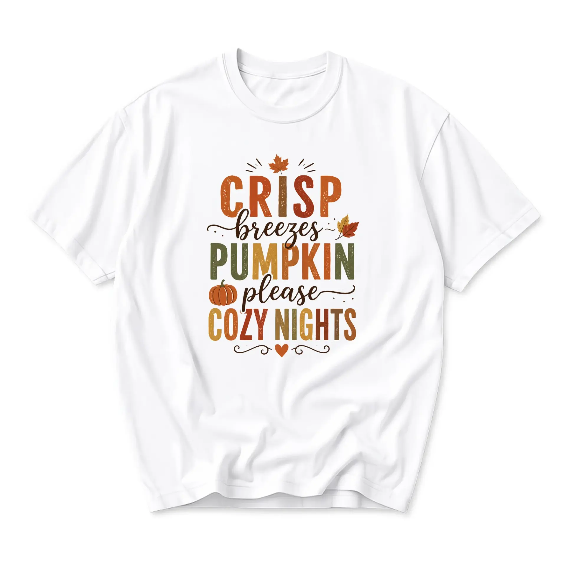Graphic Tee Crisp Breezes Pumpkin Please Cozy Nights Autumn Fall Season Unisex Casual Crew Neck Graphic Printed Shirt