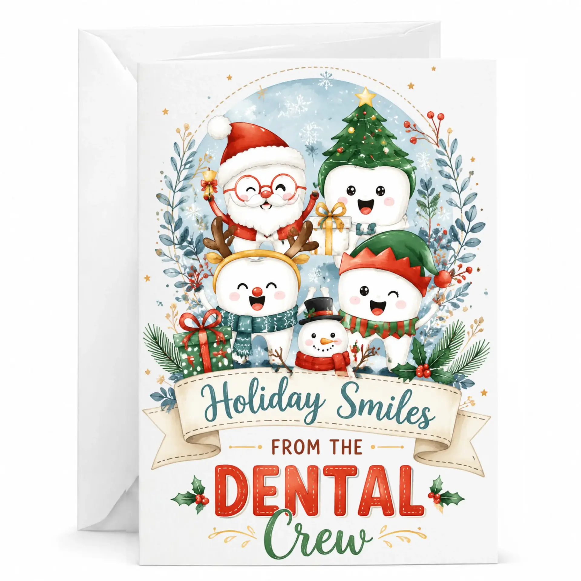 Holiday Smiles from the Dental Crew Greeting Card Festive Christmas Theme for Dental Professionals and Patients