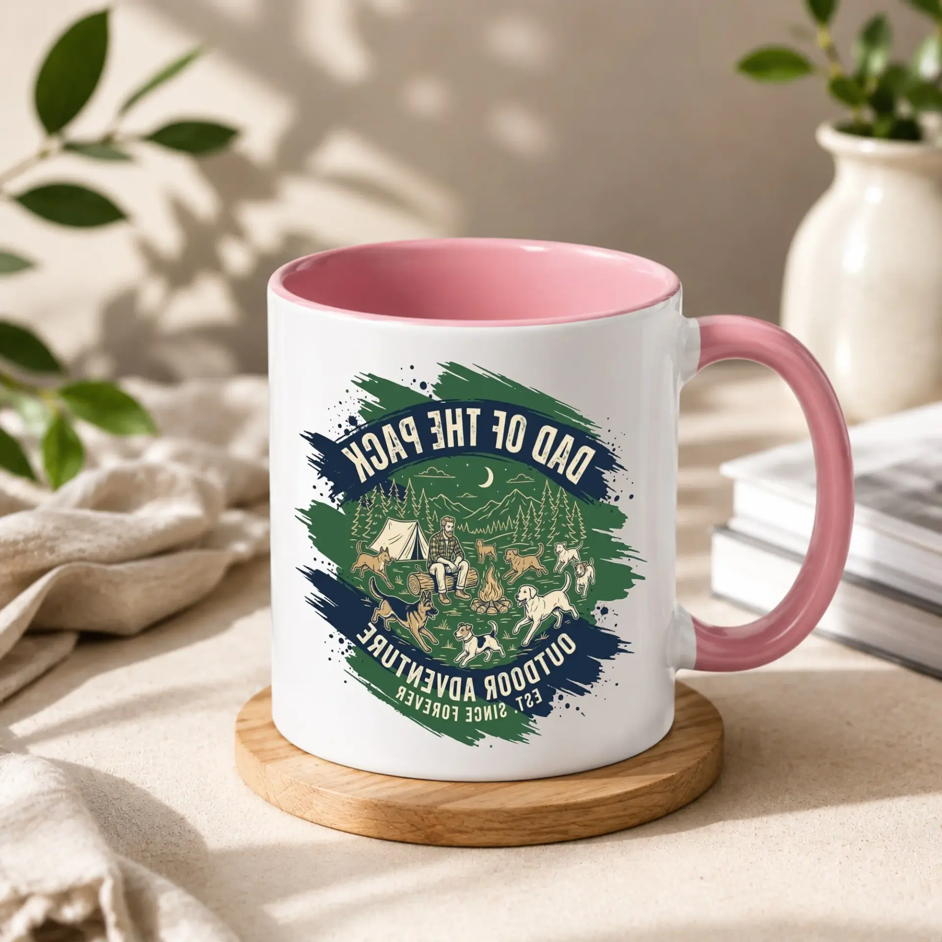 Dad of Outdoor Adventure Mug Ceramic Coffee Cup with Blue Handle for Camping and Hiking Enthusiast Drinkware