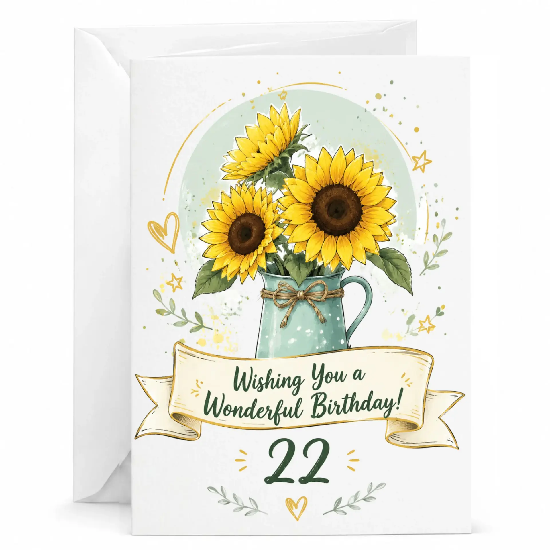 Birthday Card Floral Sunflower Design Celebrating 22nd Birthday, Elegant Botanical Greeting Card with Matching Envelope
